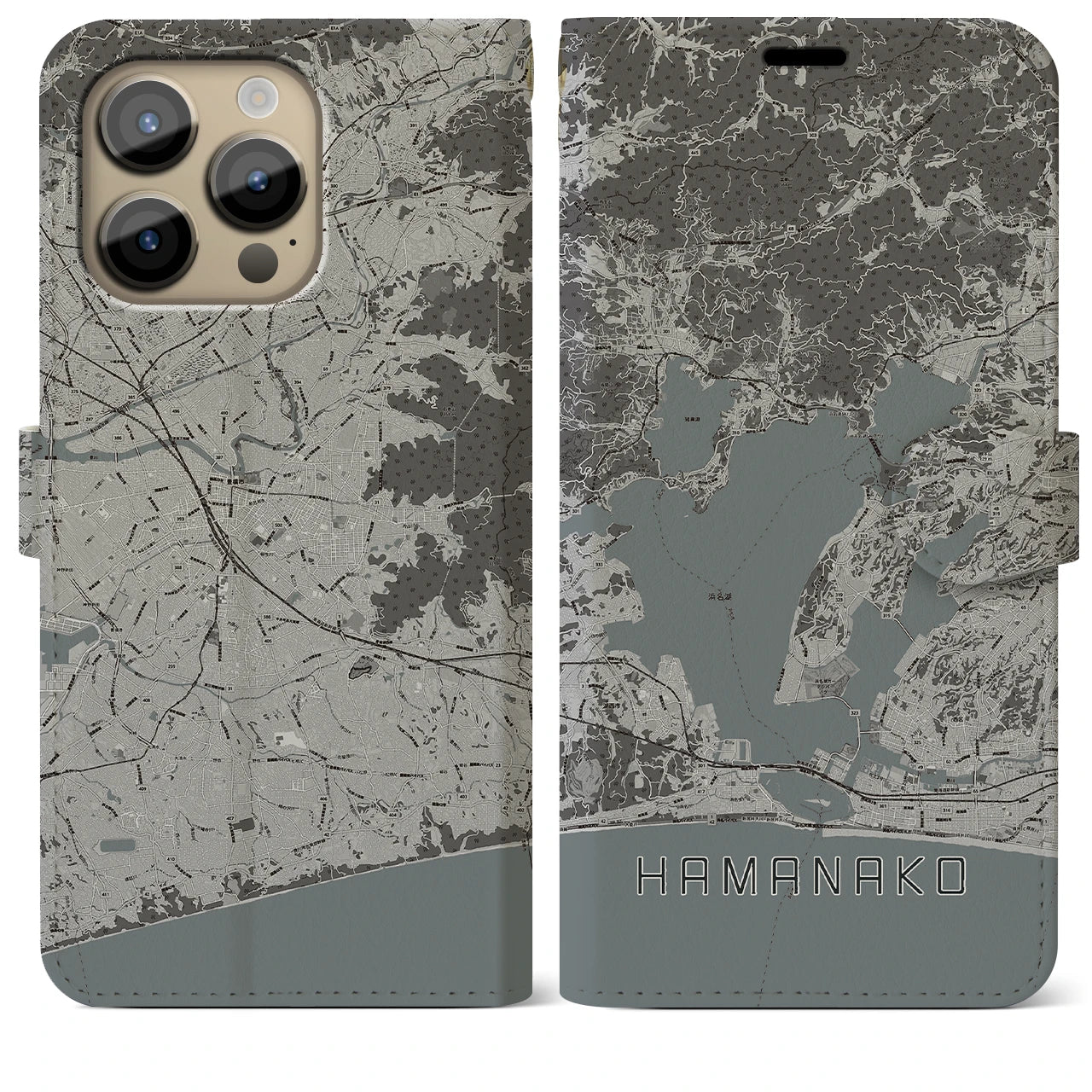 【浜名湖(静岡県)】地図柄iPhoneケース(手帳タイプ)モノトーン・iPhone 14 Pro Max 用