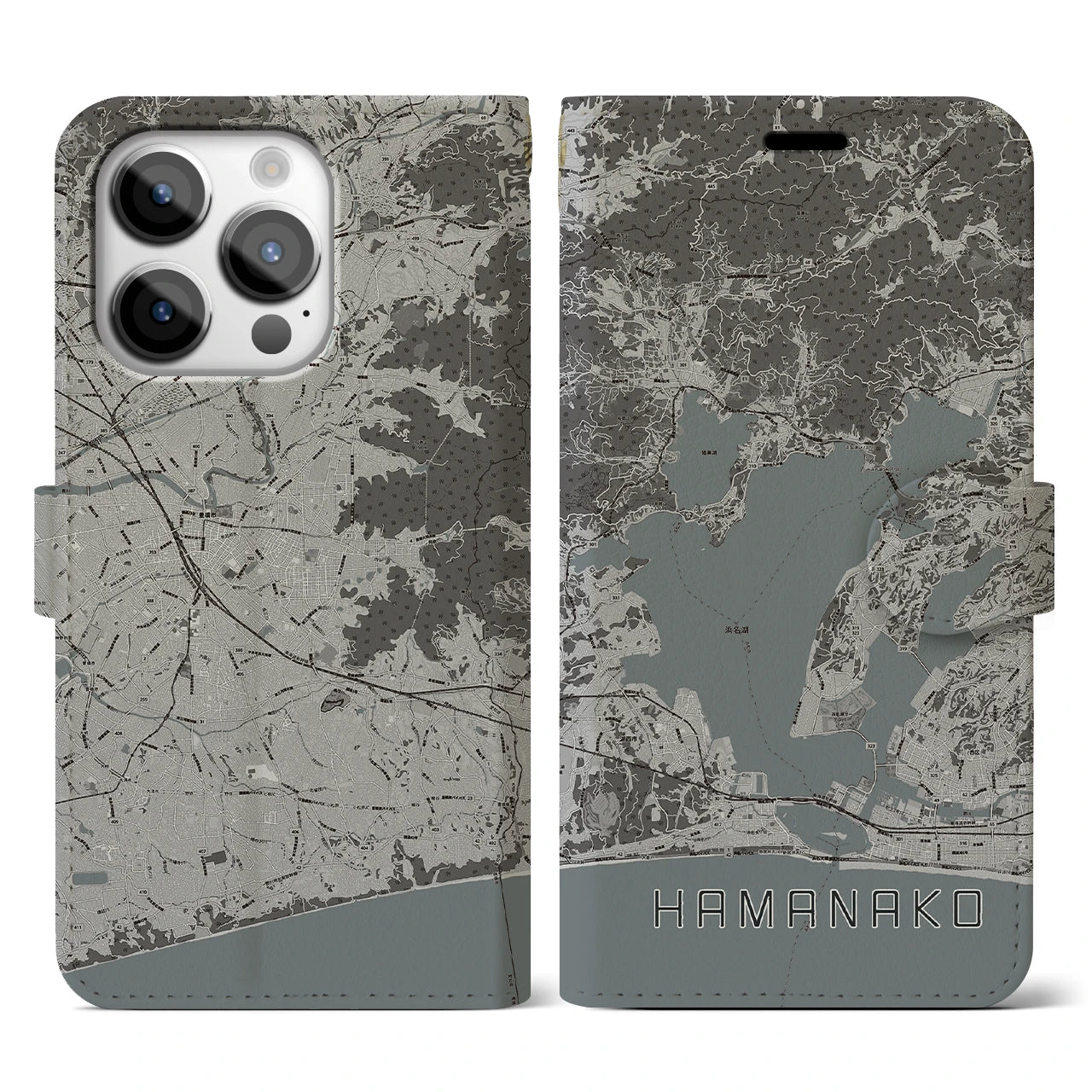 【浜名湖(静岡県)】地図柄iPhoneケース(手帳タイプ)モノトーン・iPhone 14 Pro 用
