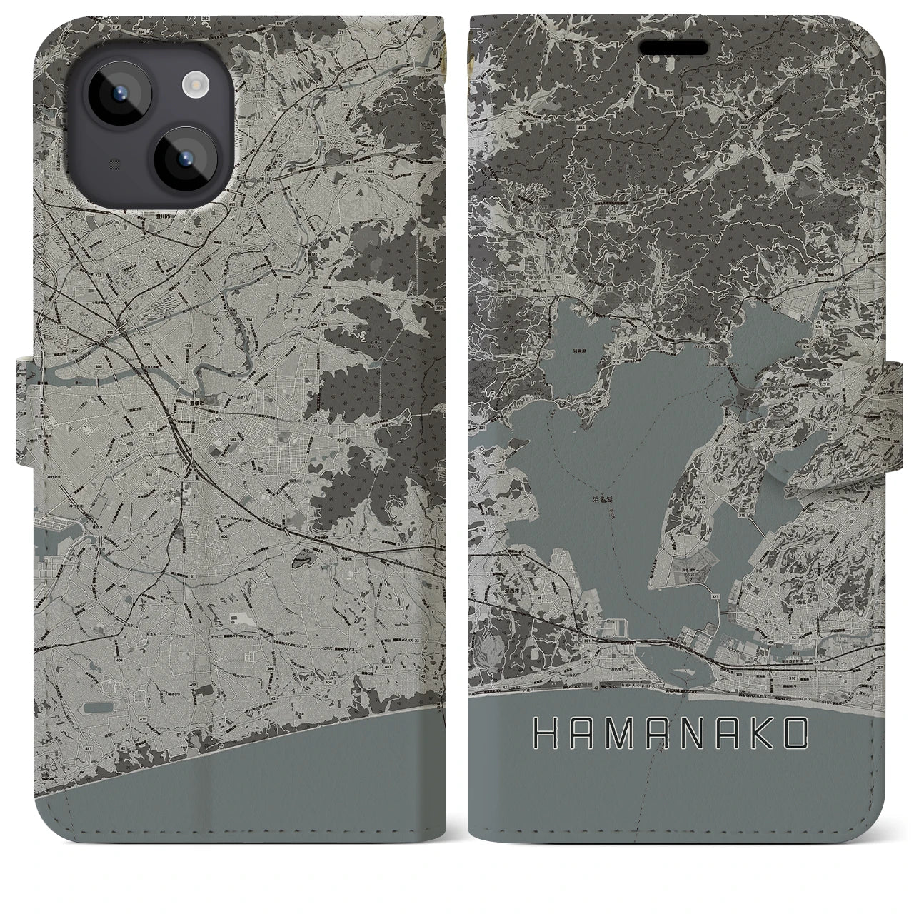 【浜名湖(静岡県)】地図柄iPhoneケース(手帳タイプ)モノトーン・iPhone 14 Plus 用