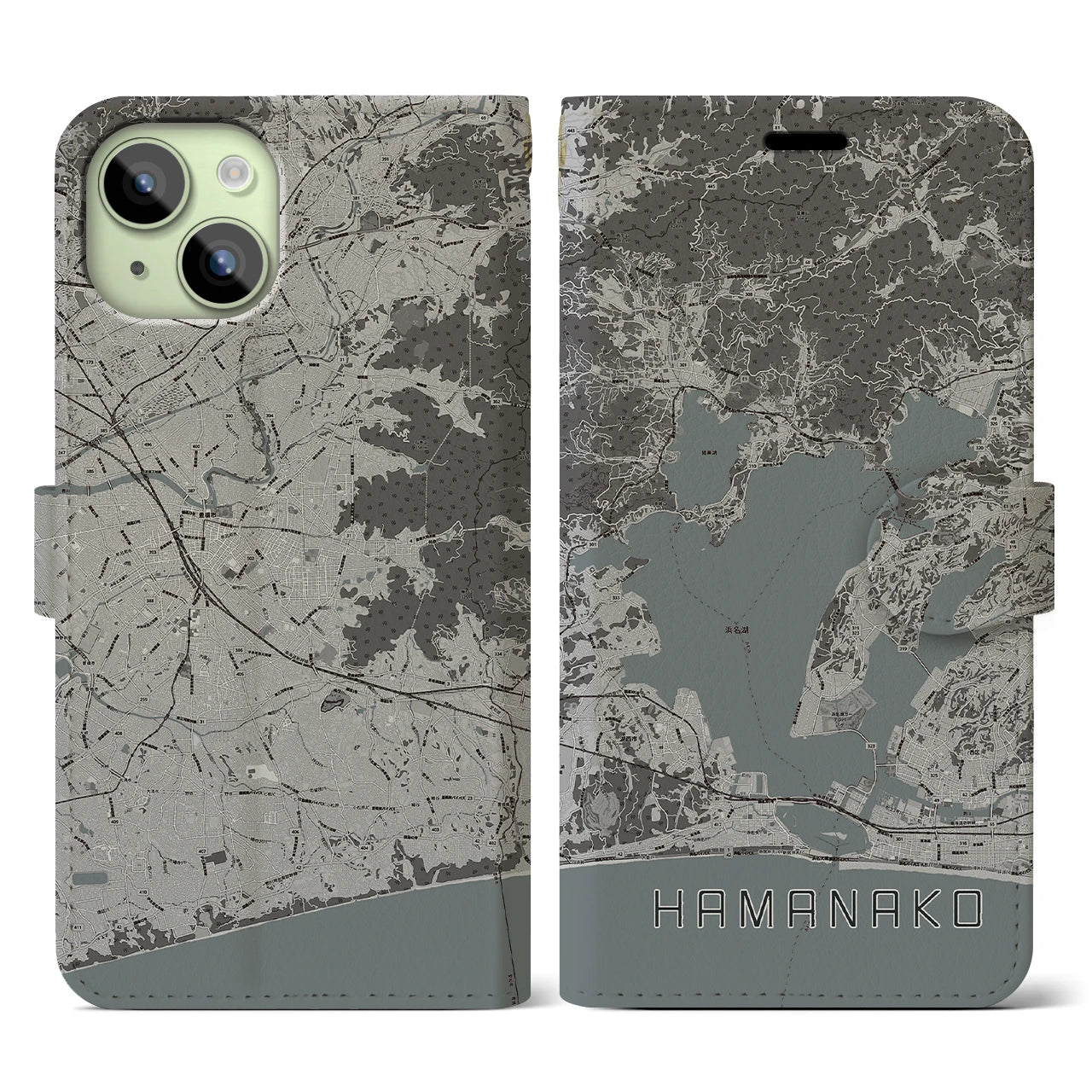 【浜名湖(静岡県)】地図柄iPhoneケース(手帳タイプ)モノトーン・iPhone 15 用