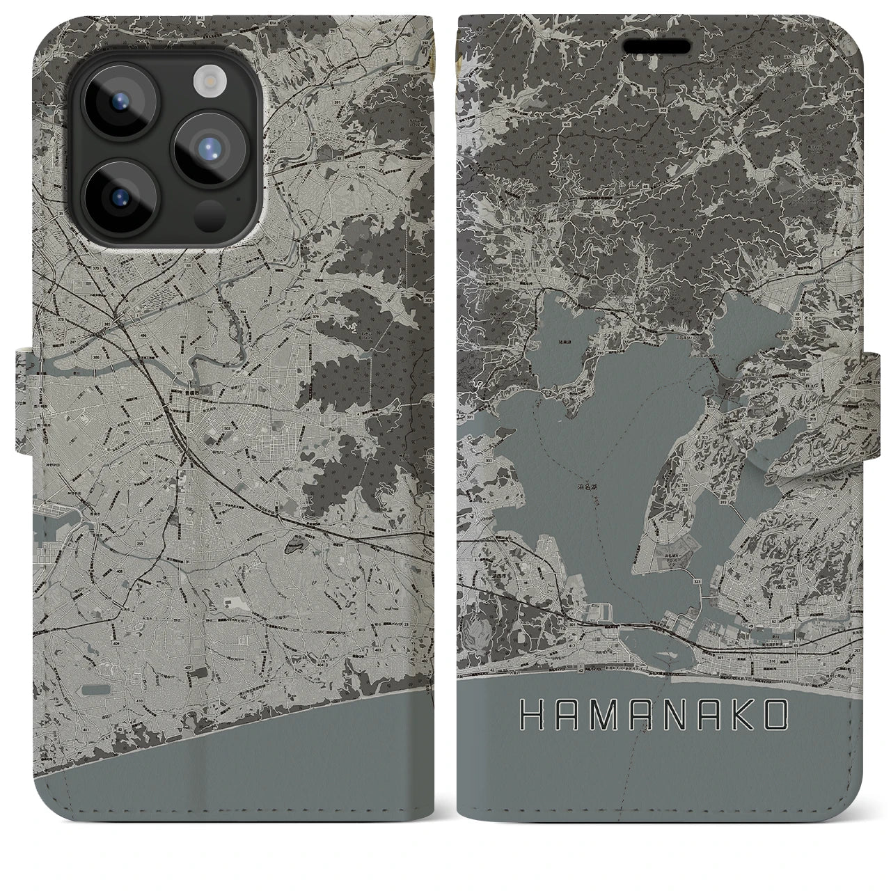 【浜名湖(静岡県)】地図柄iPhoneケース(手帳タイプ)モノトーン・iPhone 15 Pro Max 用