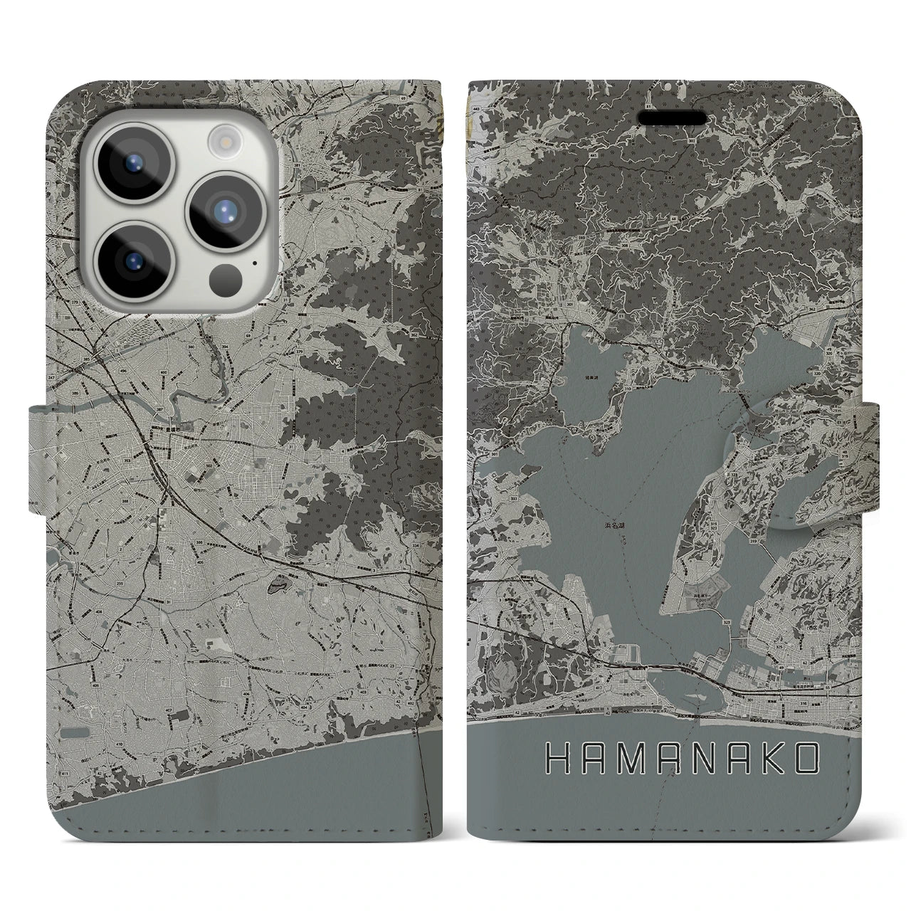 【浜名湖(静岡県)】地図柄iPhoneケース(手帳タイプ)モノトーン・iPhone 15 Pro 用