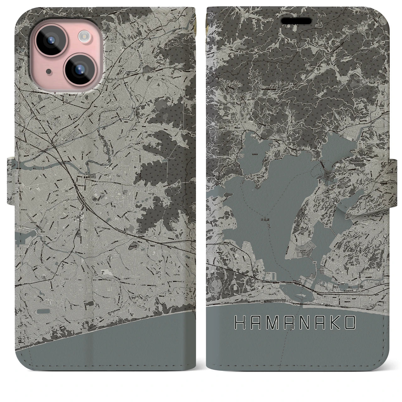 【浜名湖(静岡県)】地図柄iPhoneケース(手帳タイプ)モノトーン・iPhone 15 Plus 用
