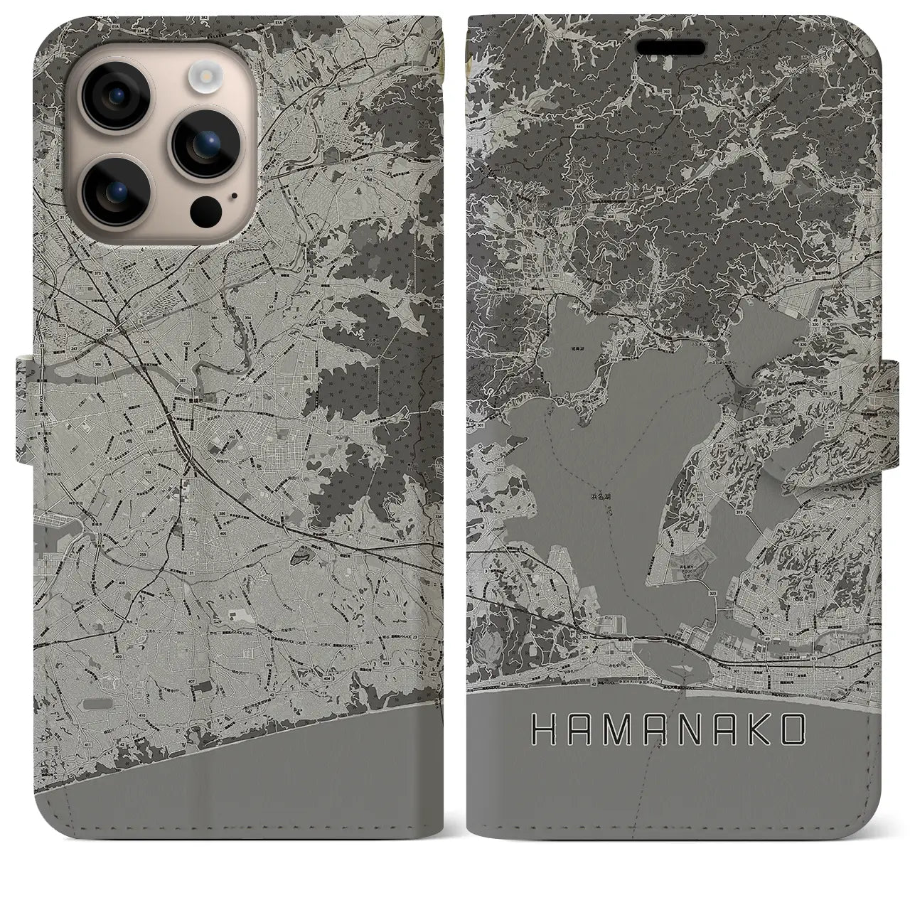 【浜名湖(静岡県)】地図柄iPhoneケース(手帳タイプ)モノトーン・iPhone 16 Plus 用