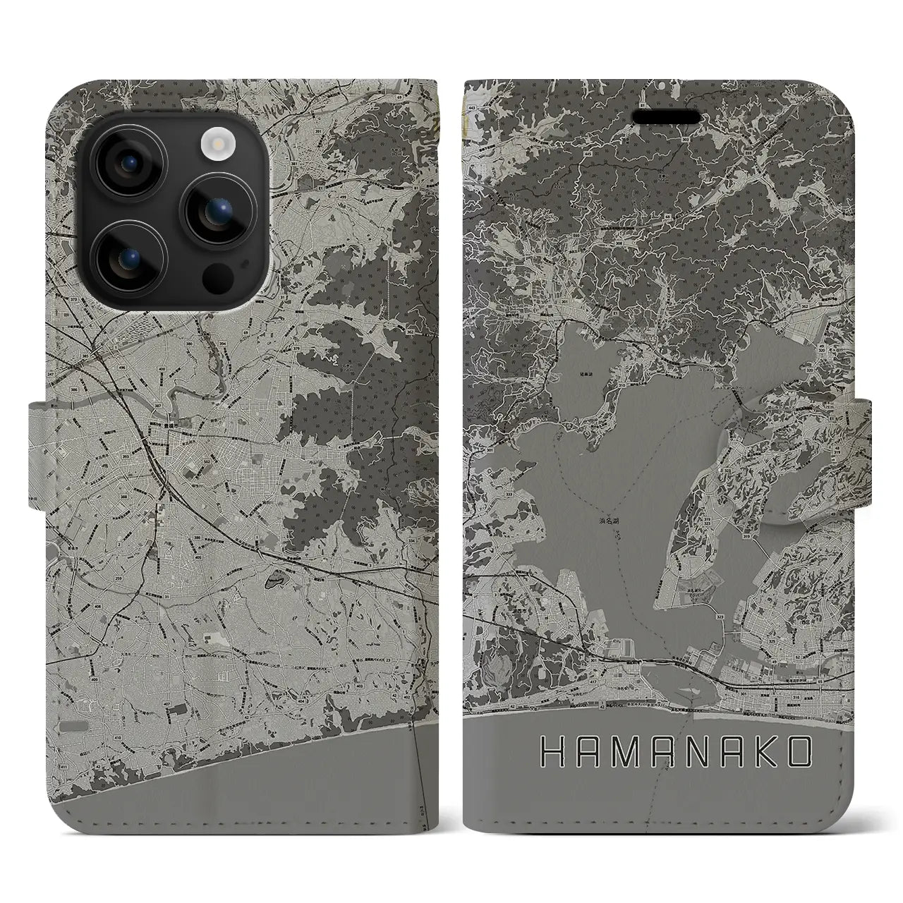 【浜名湖(静岡県)】地図柄iPhoneケース(手帳タイプ)モノトーン・iPhone 16 用