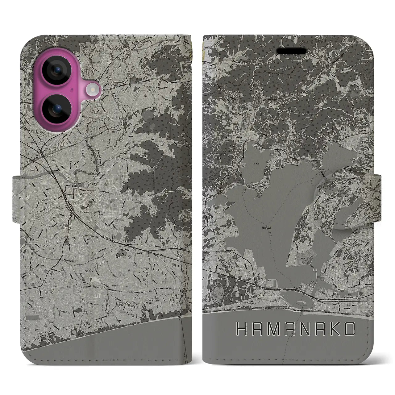 【浜名湖(静岡県)】地図柄iPhoneケース(手帳タイプ)モノトーン・iPhone 16 Pro 用