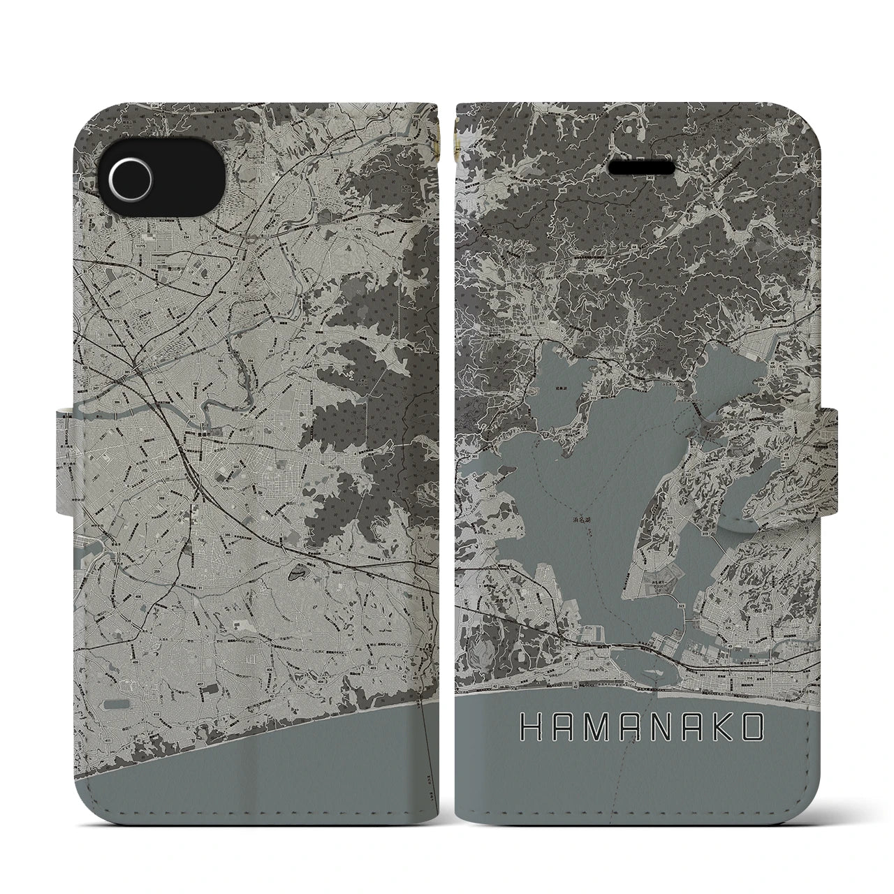 【浜名湖(静岡県)】地図柄iPhoneケース(手帳タイプ)モノトーン・iPhone SE(第3 / 第2世代) / 8 / 7 / 6s / 6 用