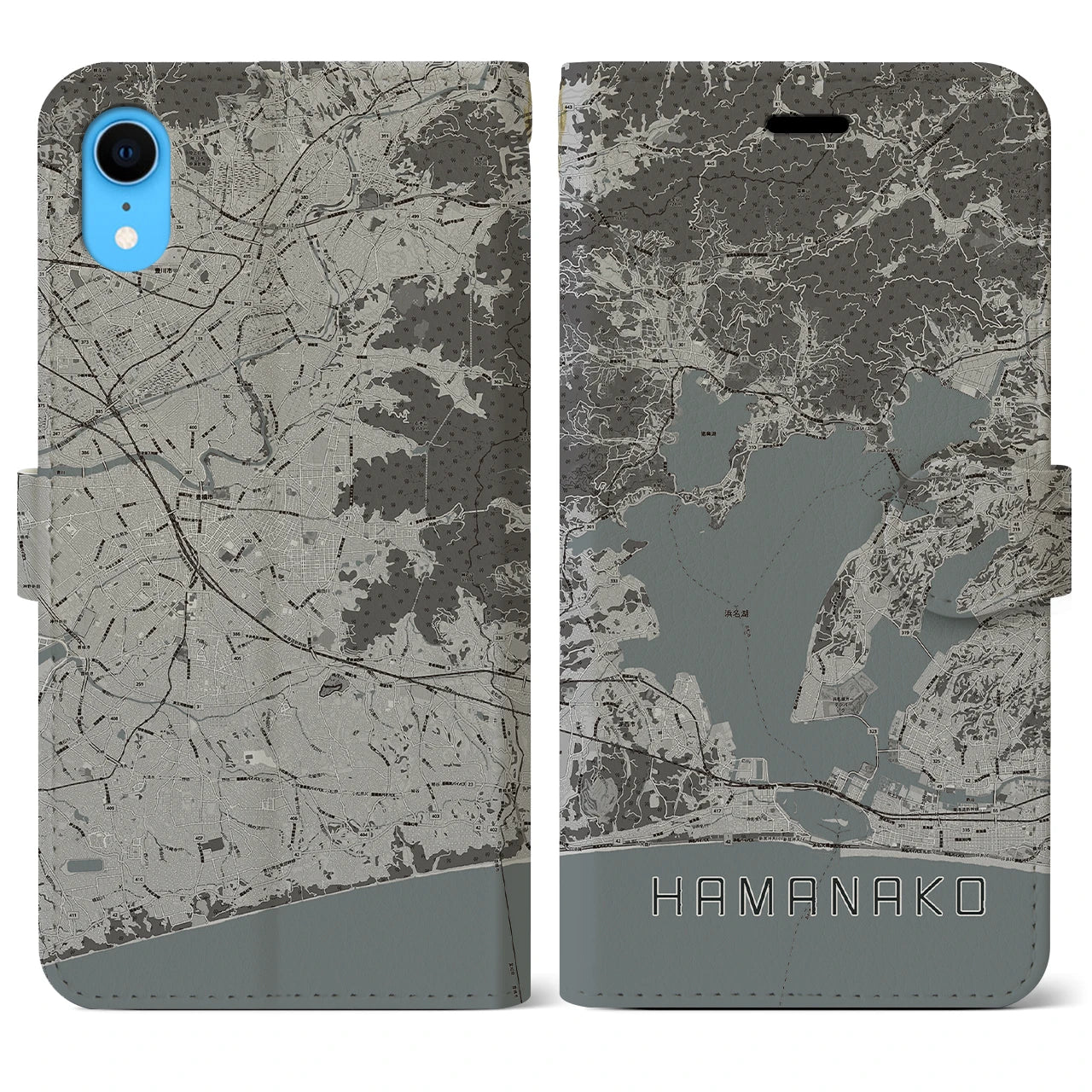 【浜名湖(静岡県)】地図柄iPhoneケース(手帳タイプ)モノトーン・iPhone XR 用