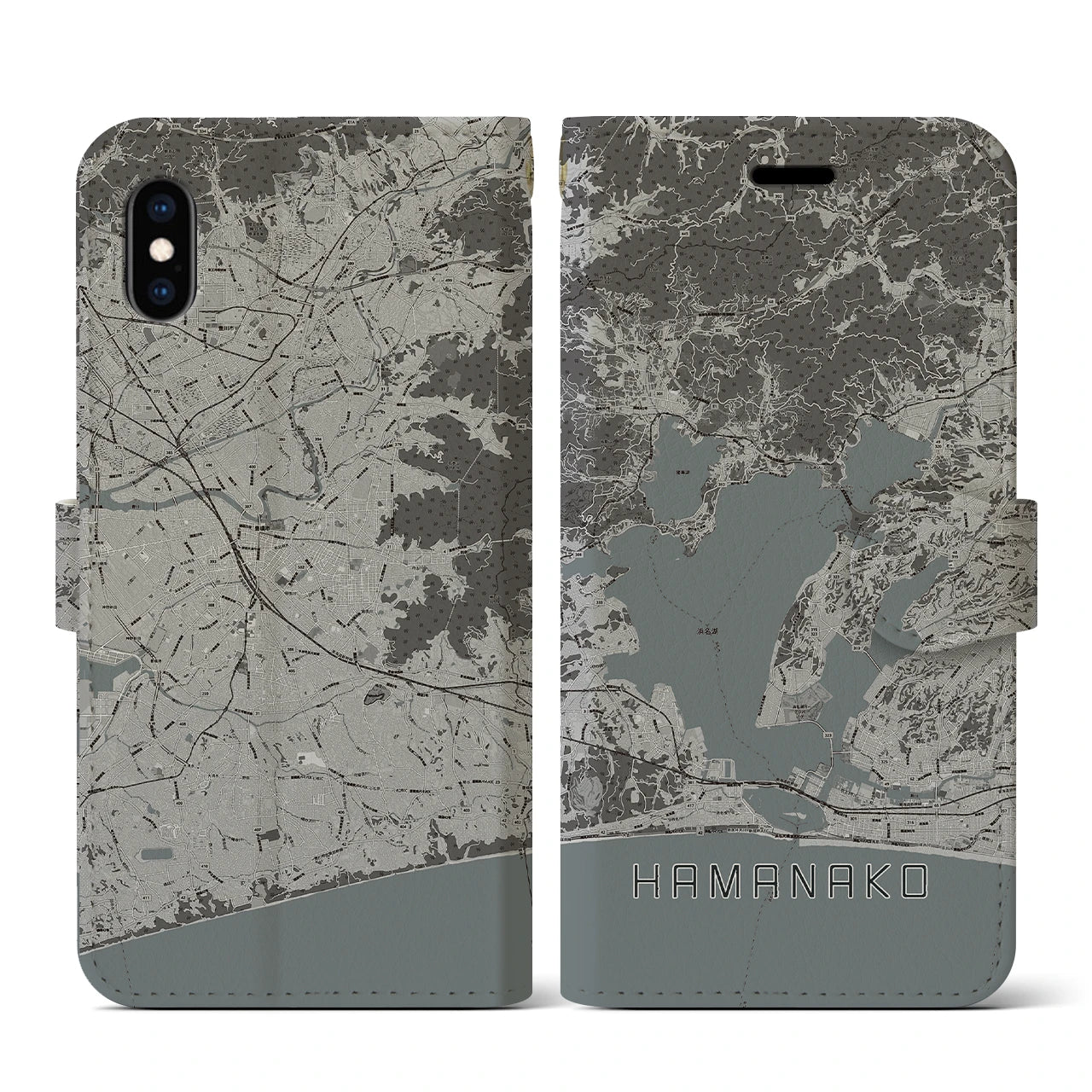 【浜名湖(静岡県)】地図柄iPhoneケース(手帳タイプ)モノトーン・iPhone XS / X 用