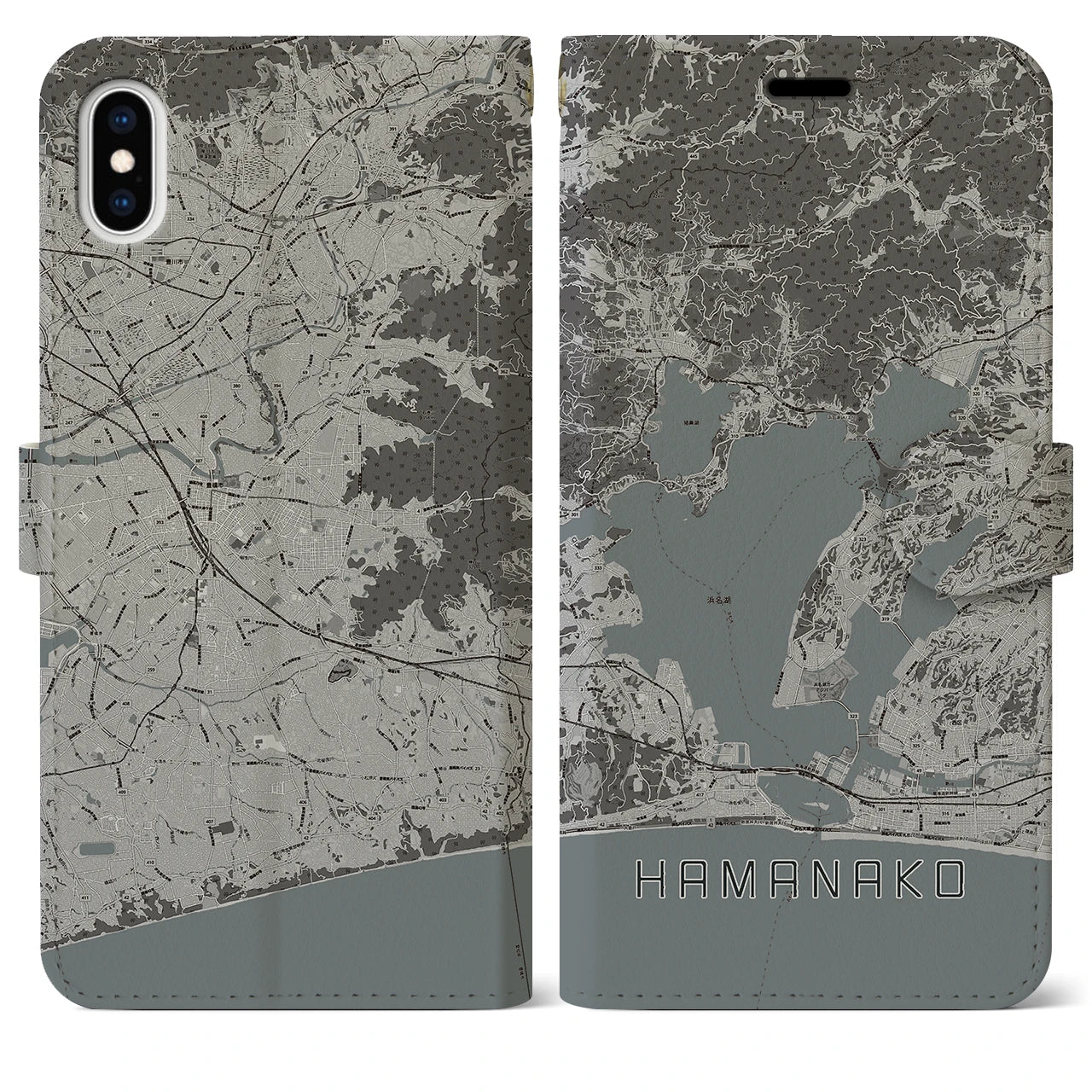 【浜名湖(静岡県)】地図柄iPhoneケース(手帳タイプ)モノトーン・iPhone XS Max 用