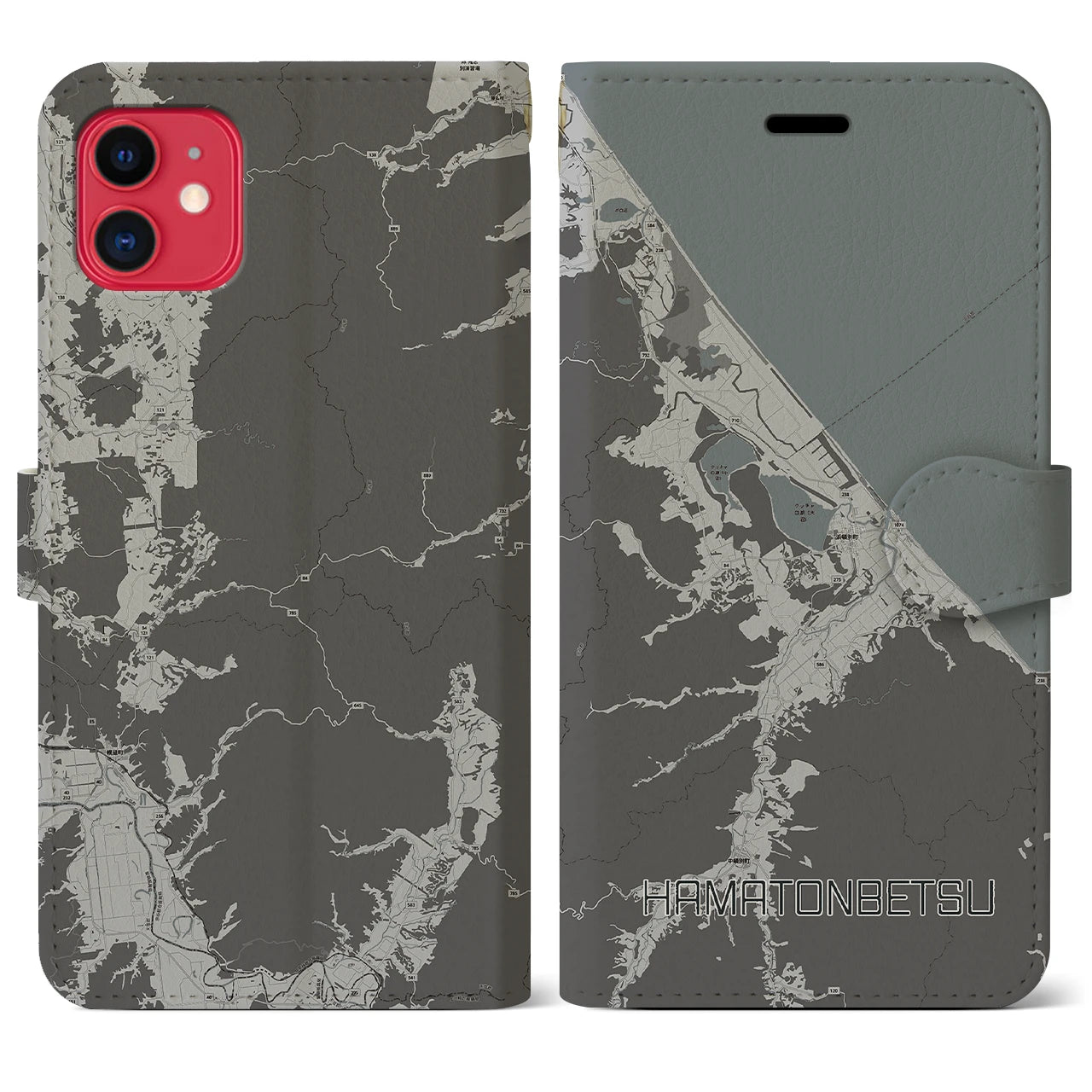 【浜頓別(北海道)】地図柄iPhoneケース(手帳タイプ)モノトーン・iPhone 11 用