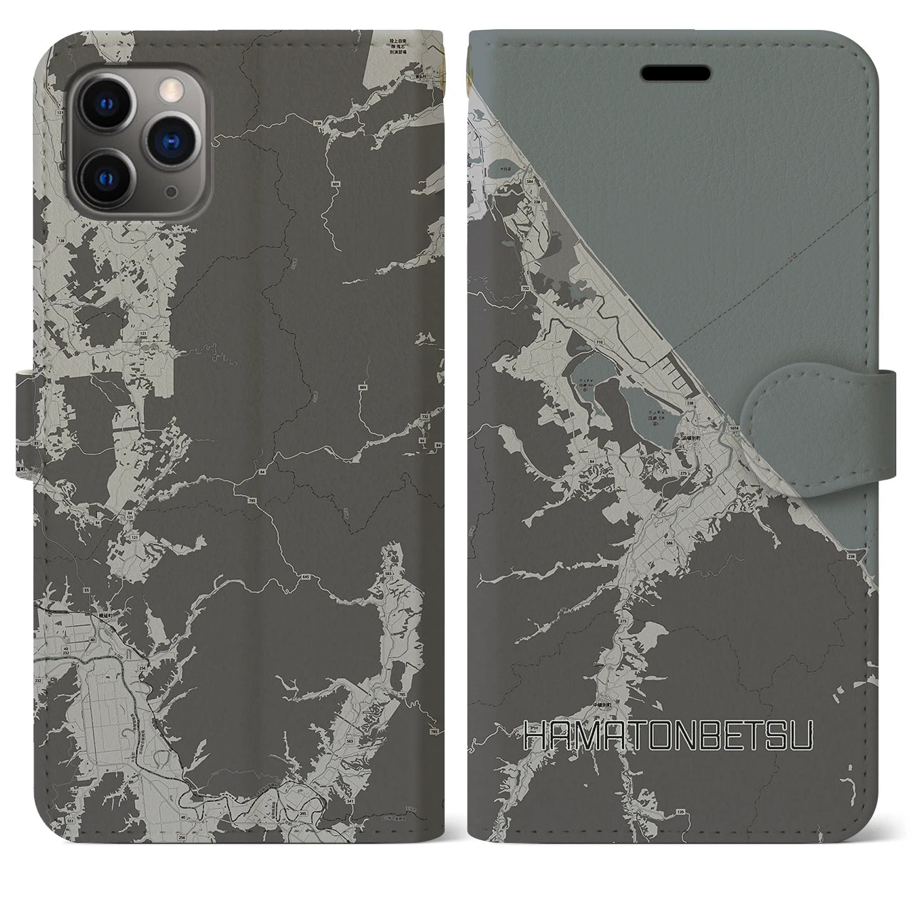 【浜頓別(北海道)】地図柄iPhoneケース(手帳タイプ)モノトーン・iPhone 11 Pro Max 用
