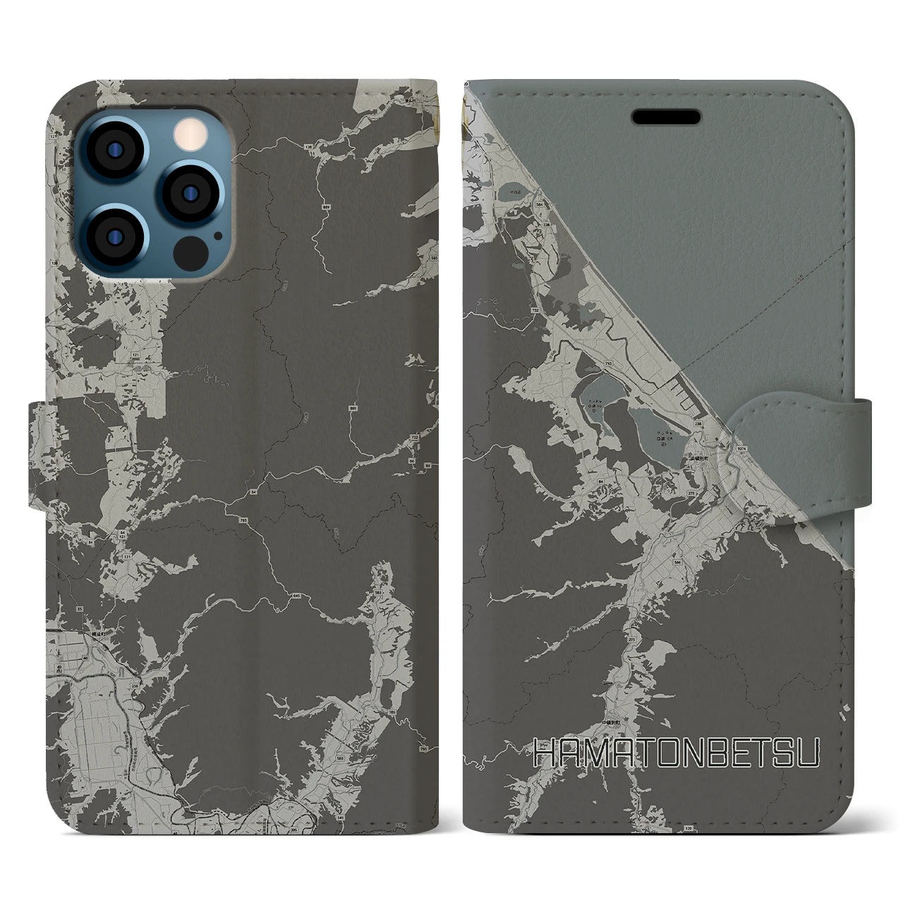 【浜頓別(北海道)】地図柄iPhoneケース(手帳タイプ)モノトーン・iPhone 12 / 12 Pro 用