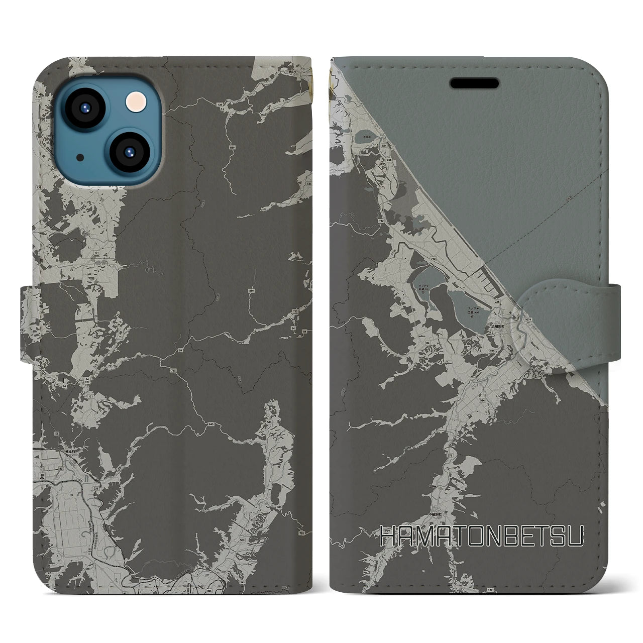 【浜頓別(北海道)】地図柄iPhoneケース(手帳タイプ)モノトーン・iPhone 13 用