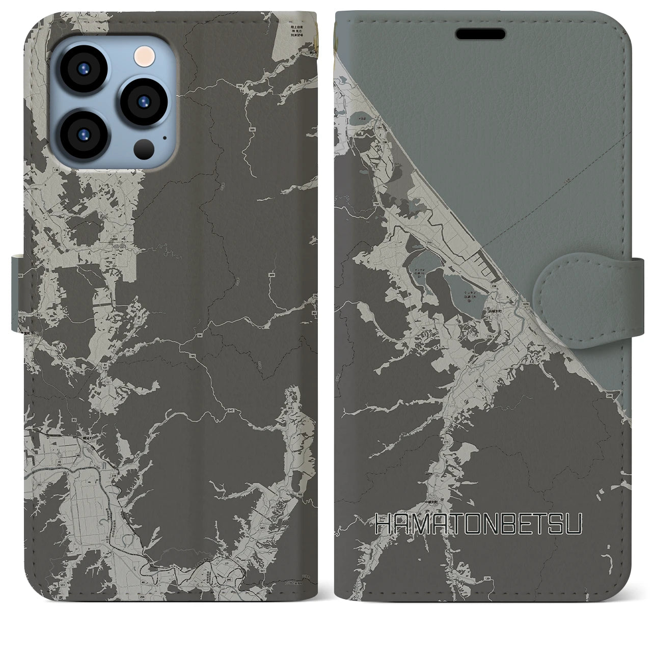【浜頓別(北海道)】地図柄iPhoneケース(手帳タイプ)モノトーン・iPhone 13 Pro Max 用