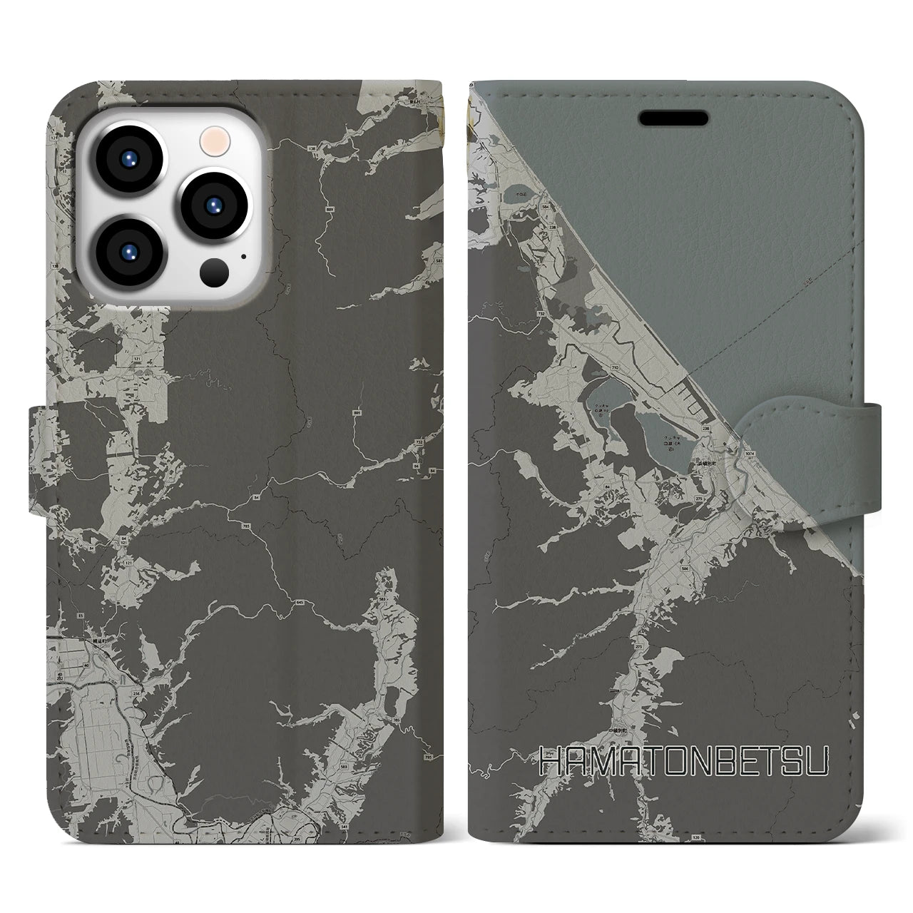 【浜頓別(北海道)】地図柄iPhoneケース(手帳タイプ)モノトーン・iPhone 13 Pro 用
