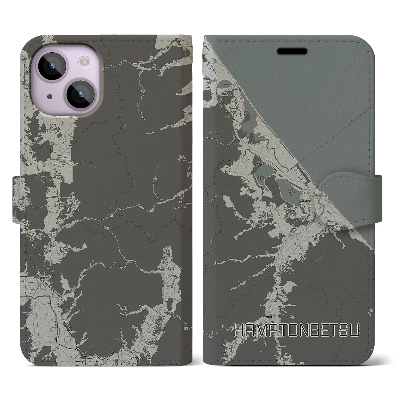 【浜頓別(北海道)】地図柄iPhoneケース(手帳タイプ)モノトーン・iPhone 14 用