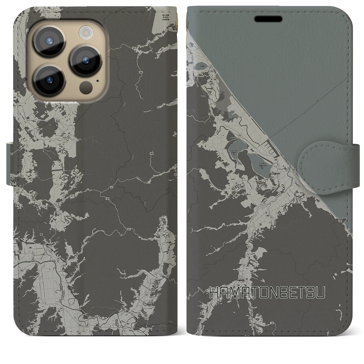 【浜頓別(北海道)】地図柄iPhoneケース(手帳タイプ)モノトーン・iPhone 14 Pro Max 用