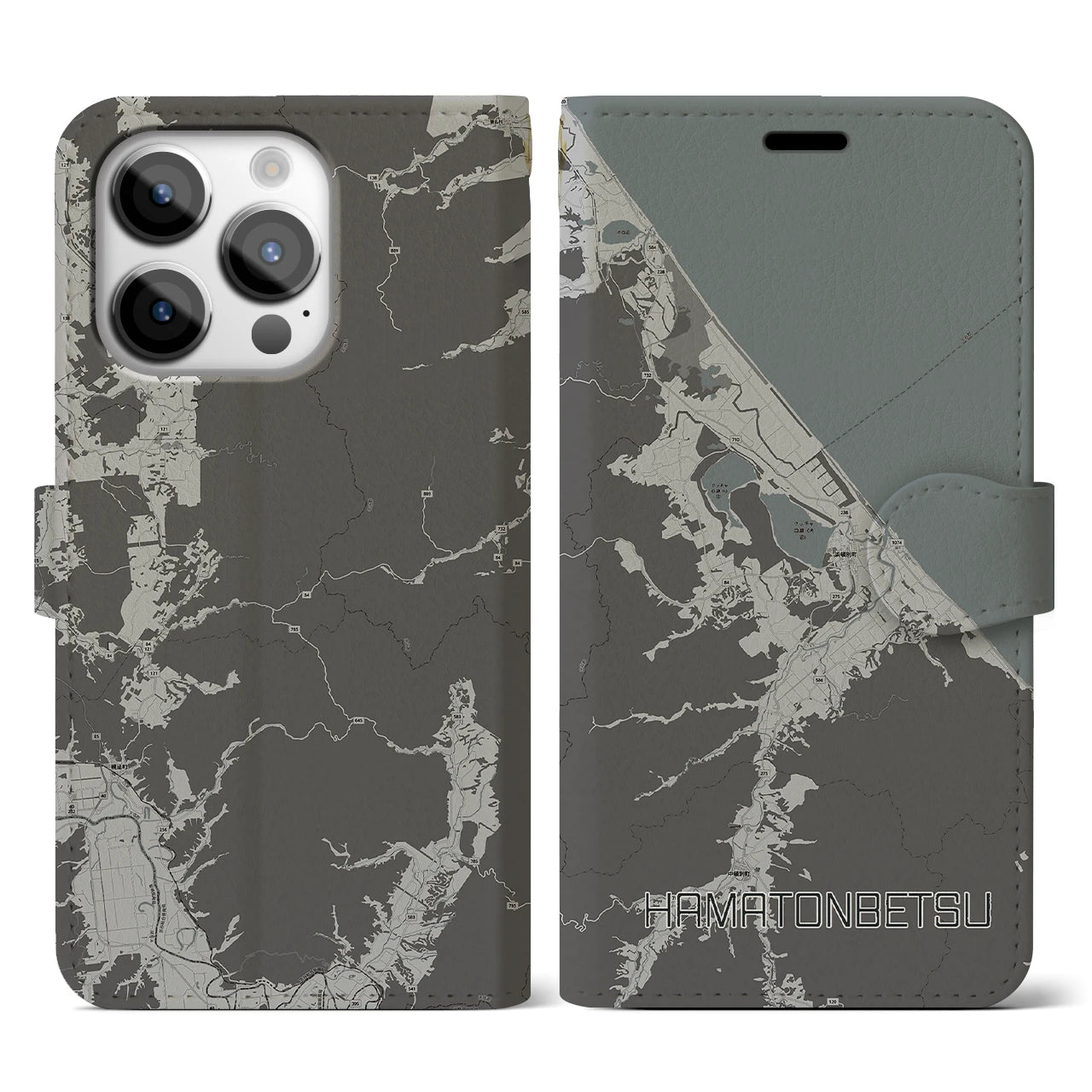 【浜頓別(北海道)】地図柄iPhoneケース(手帳タイプ)モノトーン・iPhone 14 Pro 用
