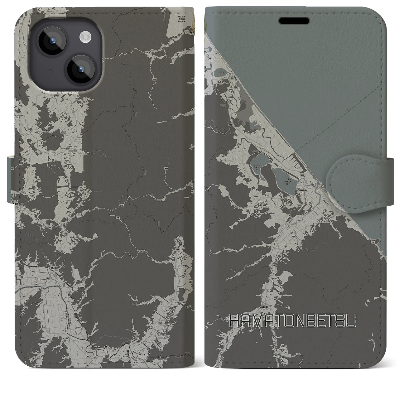 【浜頓別(北海道)】地図柄iPhoneケース(手帳タイプ)モノトーン・iPhone 14 Plus 用