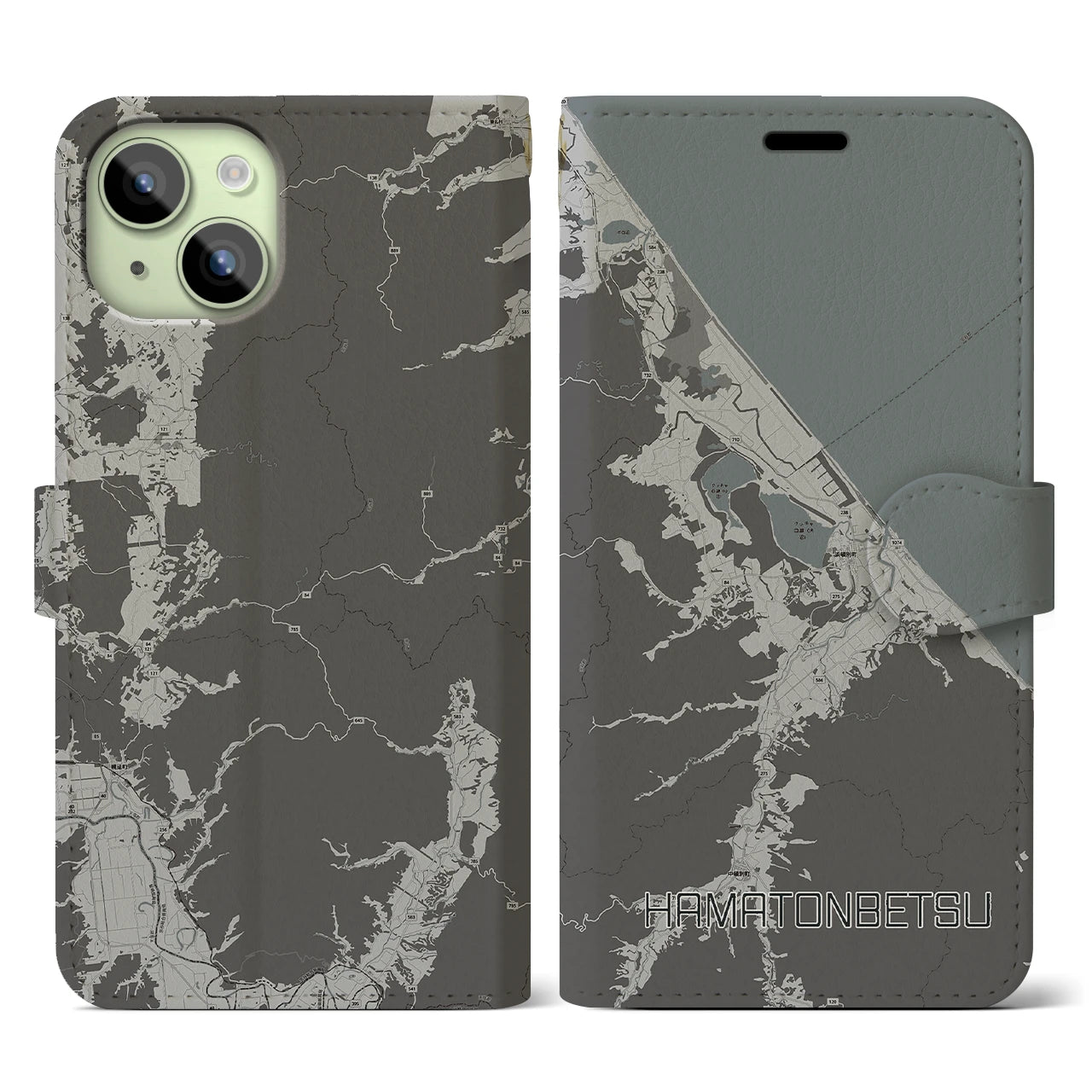【浜頓別(北海道)】地図柄iPhoneケース(手帳タイプ)モノトーン・iPhone 15 用