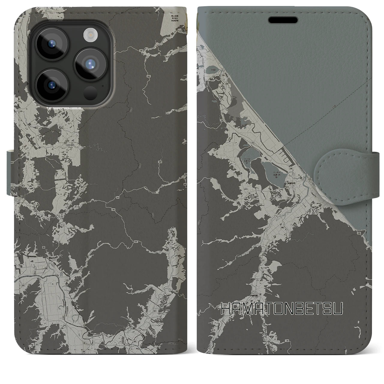 【浜頓別(北海道)】地図柄iPhoneケース(手帳タイプ)モノトーン・iPhone 15 Pro Max 用