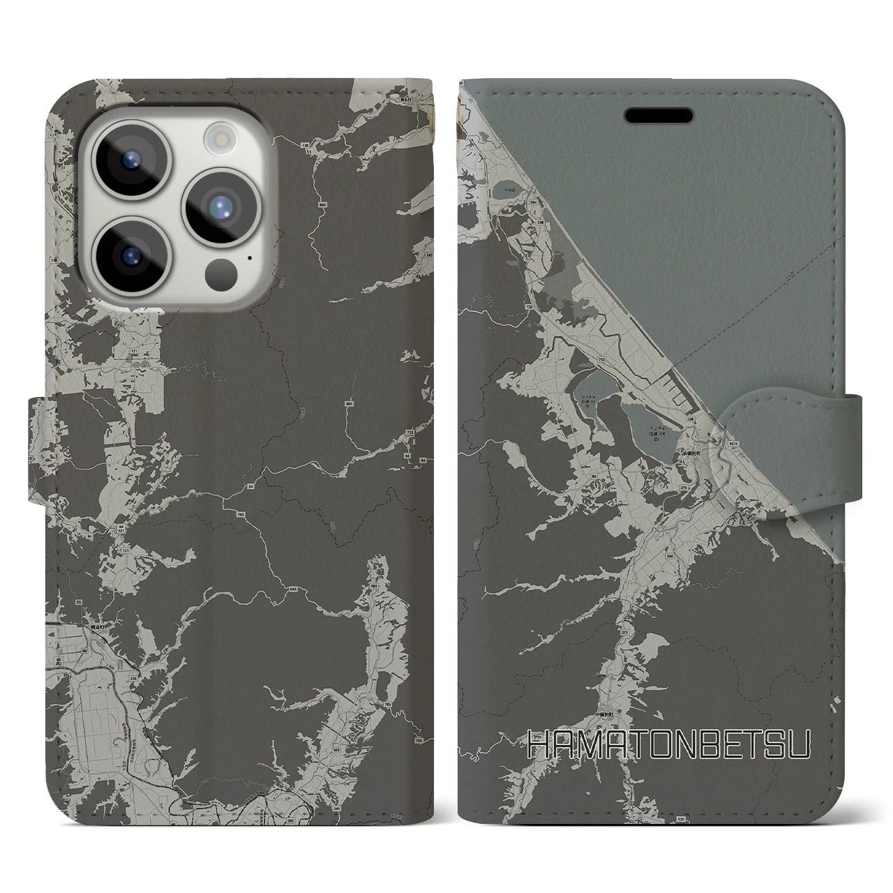 【浜頓別(北海道)】地図柄iPhoneケース(手帳タイプ)モノトーン・iPhone 15 Pro 用