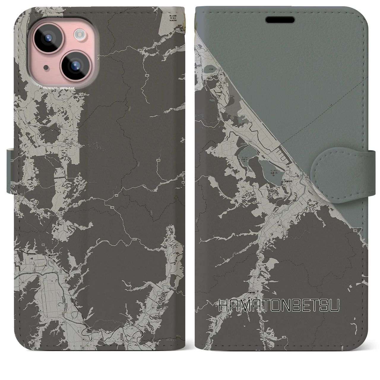 【浜頓別(北海道)】地図柄iPhoneケース(手帳タイプ)モノトーン・iPhone 15 Plus 用
