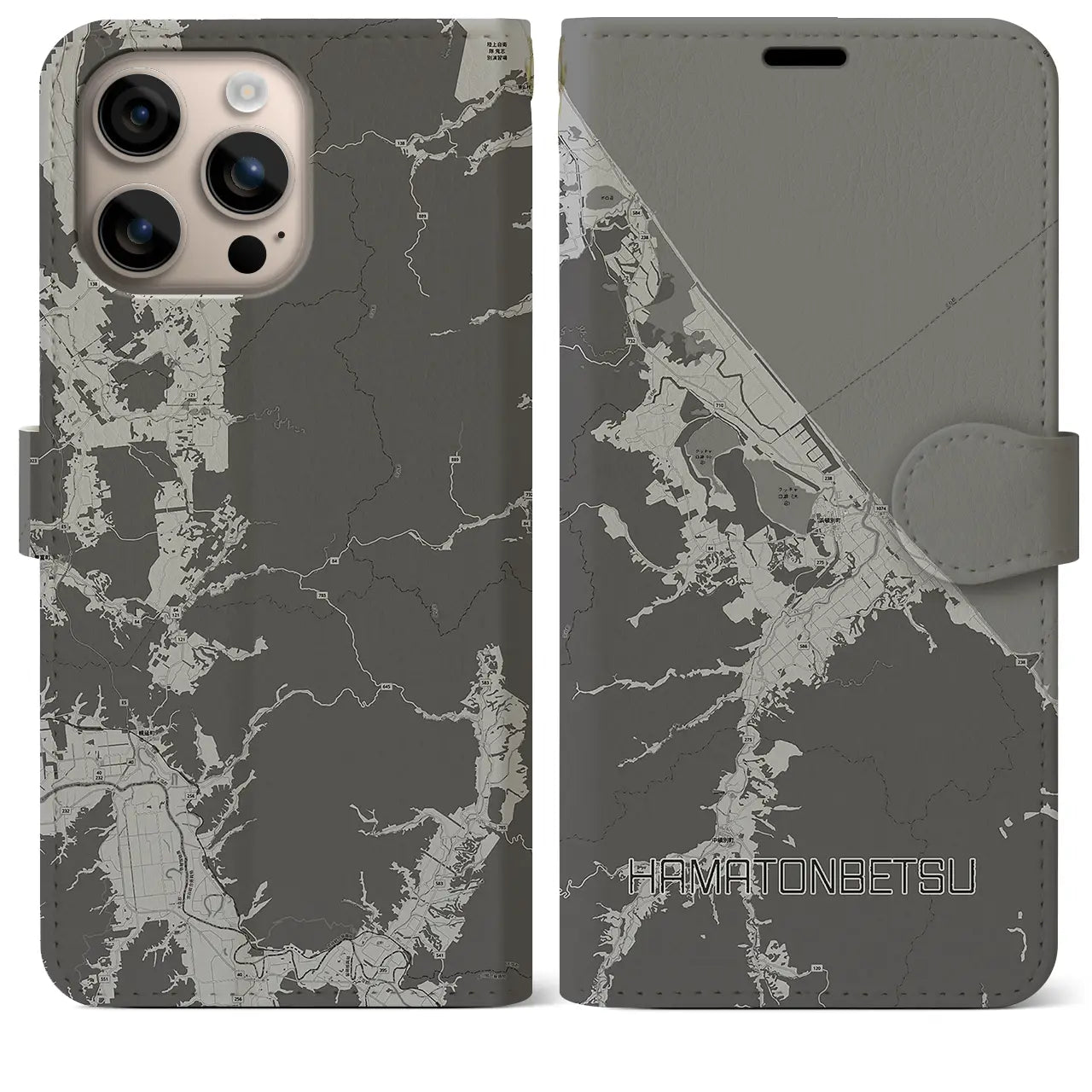 【浜頓別(北海道)】地図柄iPhoneケース(手帳タイプ)モノトーン・iPhone 16 Plus 用
