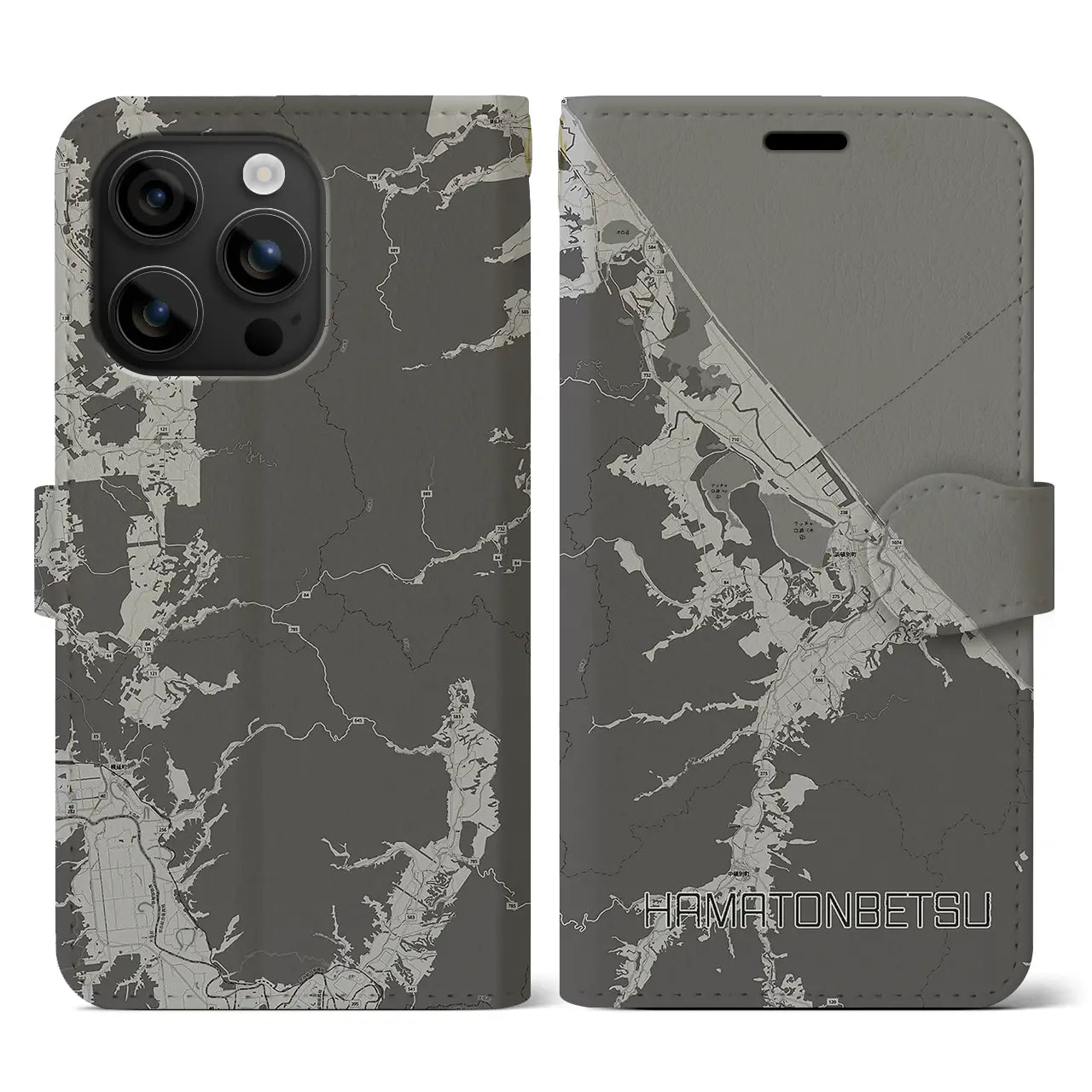 【浜頓別(北海道)】地図柄iPhoneケース(手帳タイプ)モノトーン・iPhone 16 用