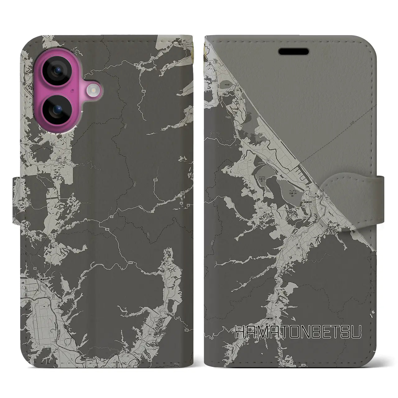 【浜頓別(北海道)】地図柄iPhoneケース(手帳タイプ)モノトーン・iPhone 16 Pro 用