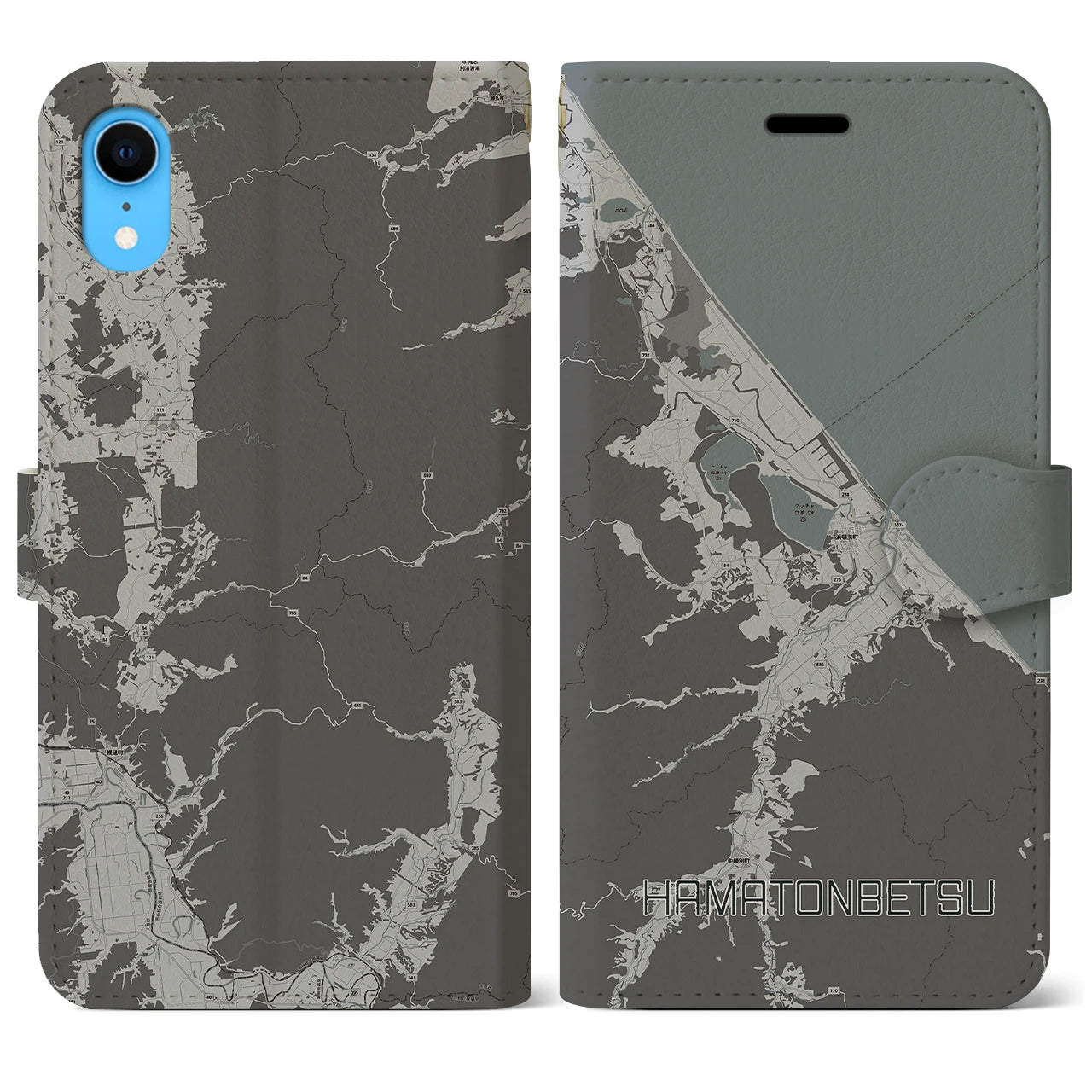 【浜頓別(北海道)】地図柄iPhoneケース(手帳タイプ)モノトーン・iPhone XR 用