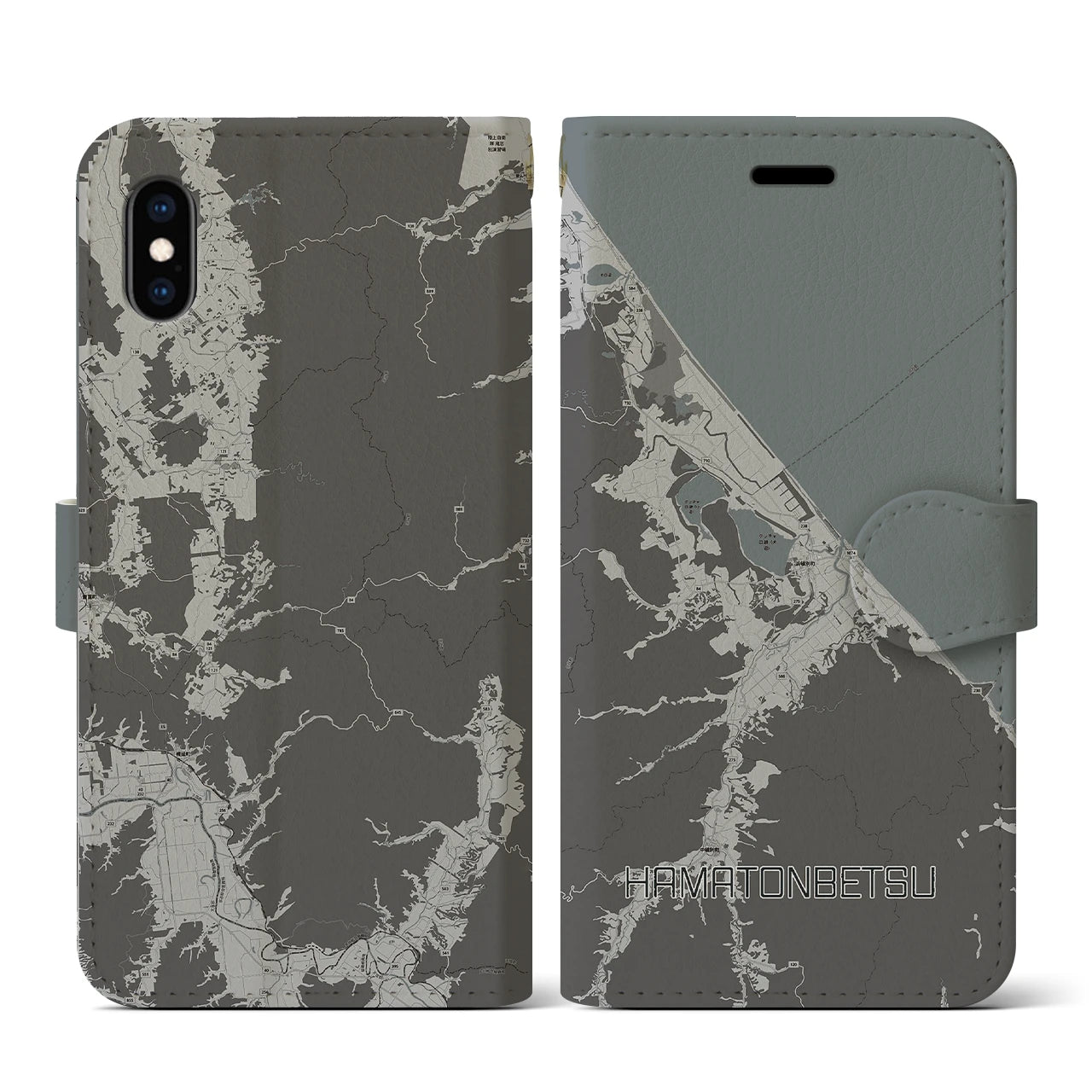 【浜頓別(北海道)】地図柄iPhoneケース(手帳タイプ)モノトーン・iPhone XS / X 用