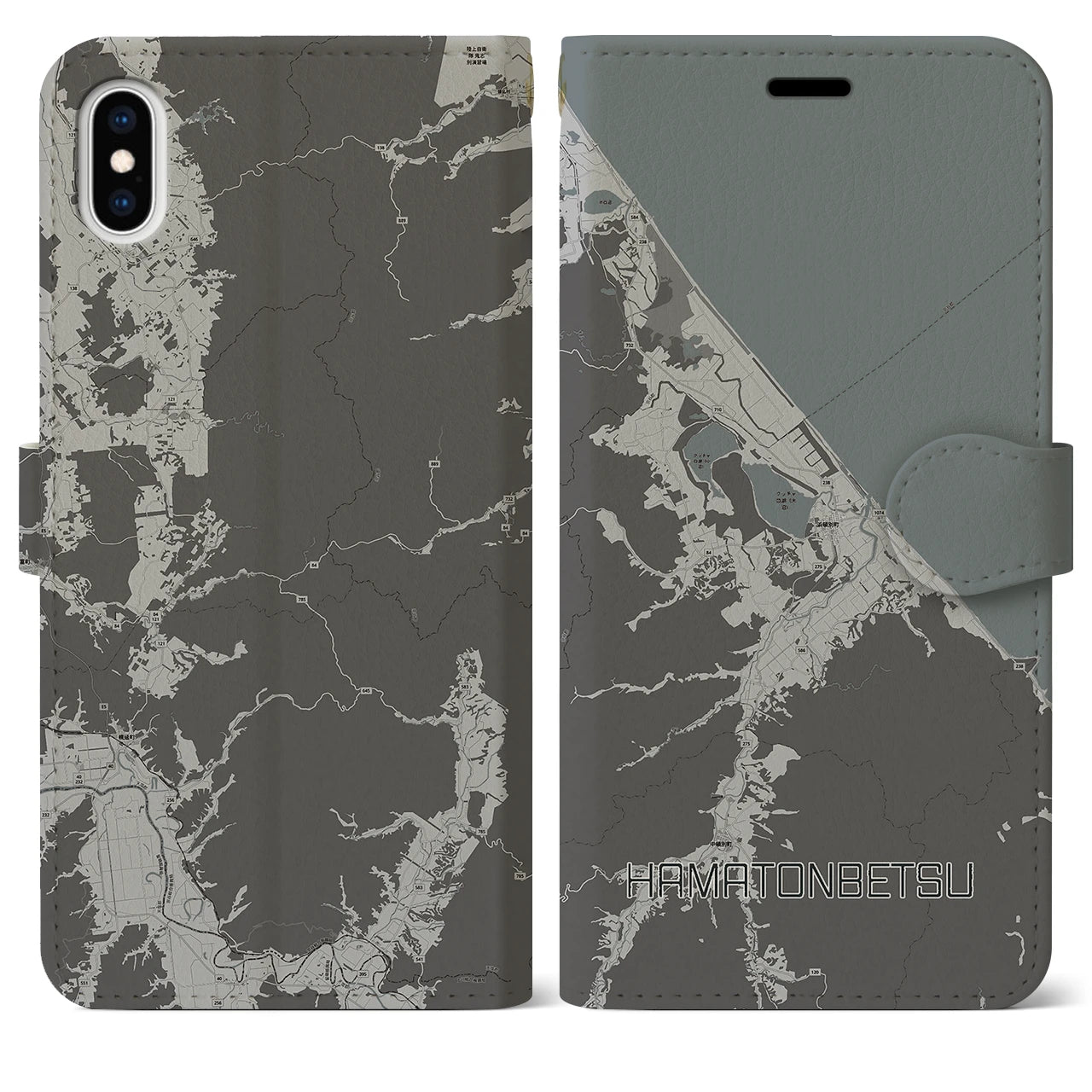 【浜頓別(北海道)】地図柄iPhoneケース(手帳タイプ)モノトーン・iPhone XS Max 用