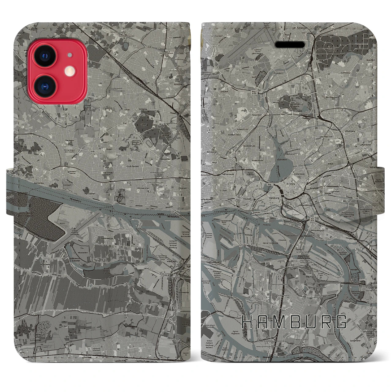 【ハンブルク(ドイツ)】地図柄iPhoneケース(手帳タイプ)モノトーン・iPhone 11 用