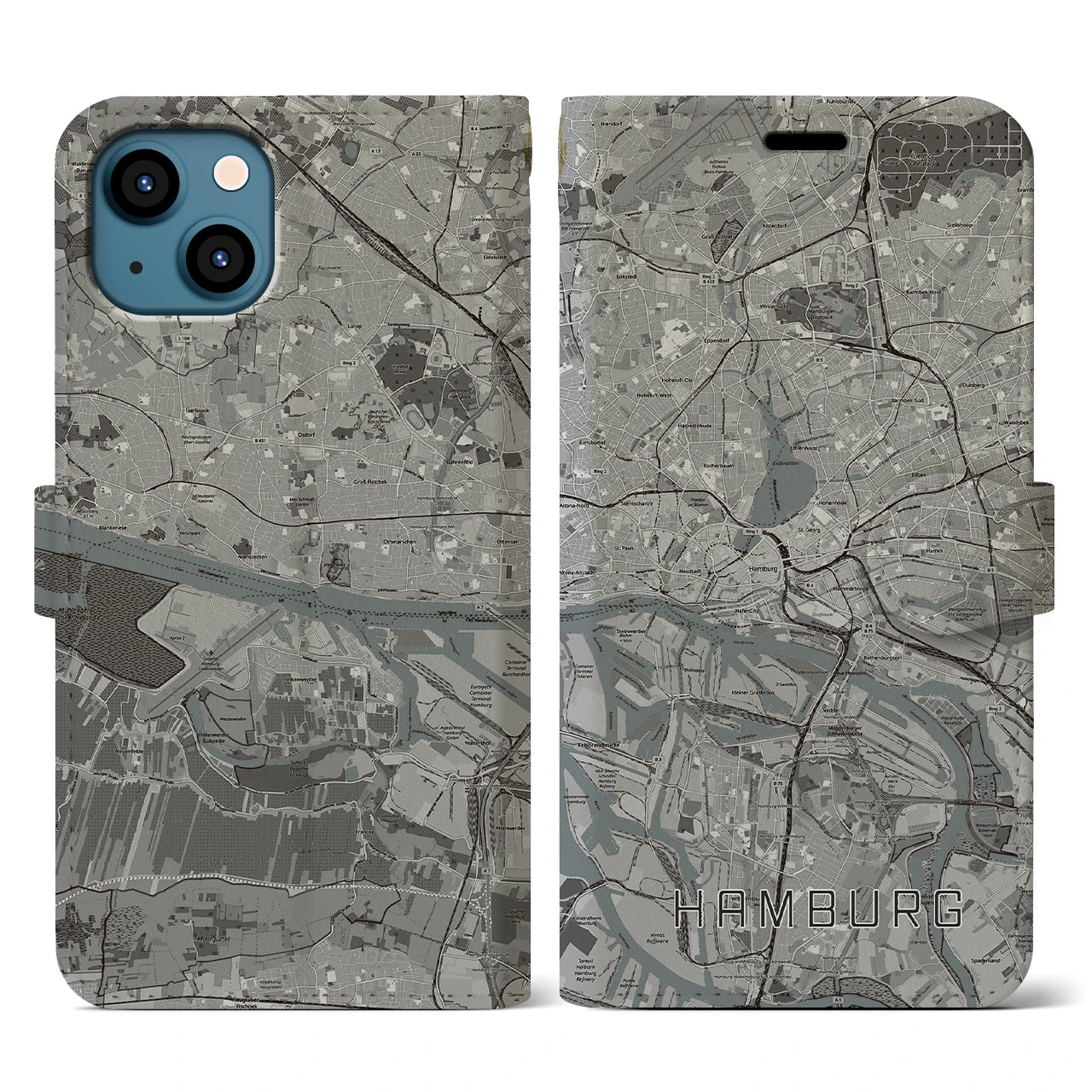 【ハンブルク(ドイツ)】地図柄iPhoneケース(手帳タイプ)モノトーン・iPhone 13 用