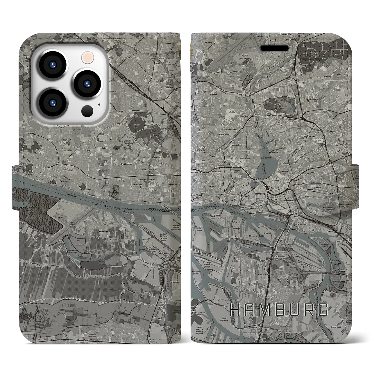 【ハンブルク(ドイツ)】地図柄iPhoneケース(手帳タイプ)モノトーン・iPhone 13 Pro 用