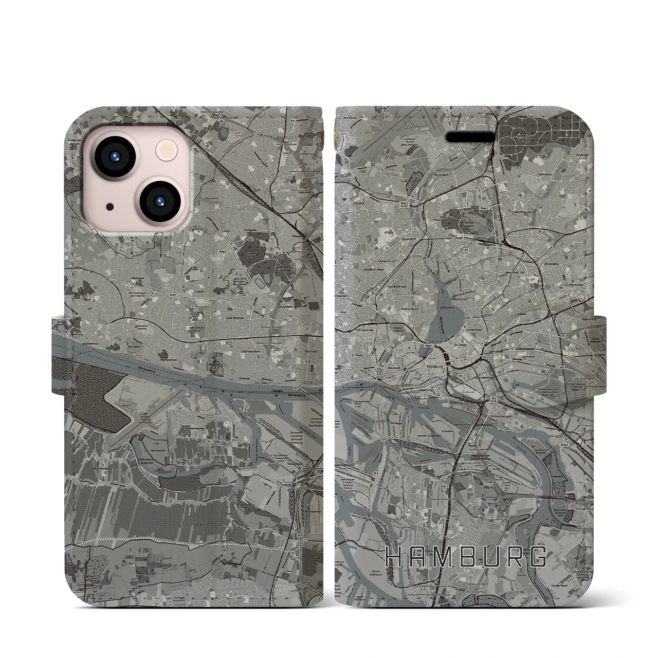 【ハンブルク(ドイツ)】地図柄iPhoneケース(手帳タイプ)モノトーン・iPhone 13 mini 用