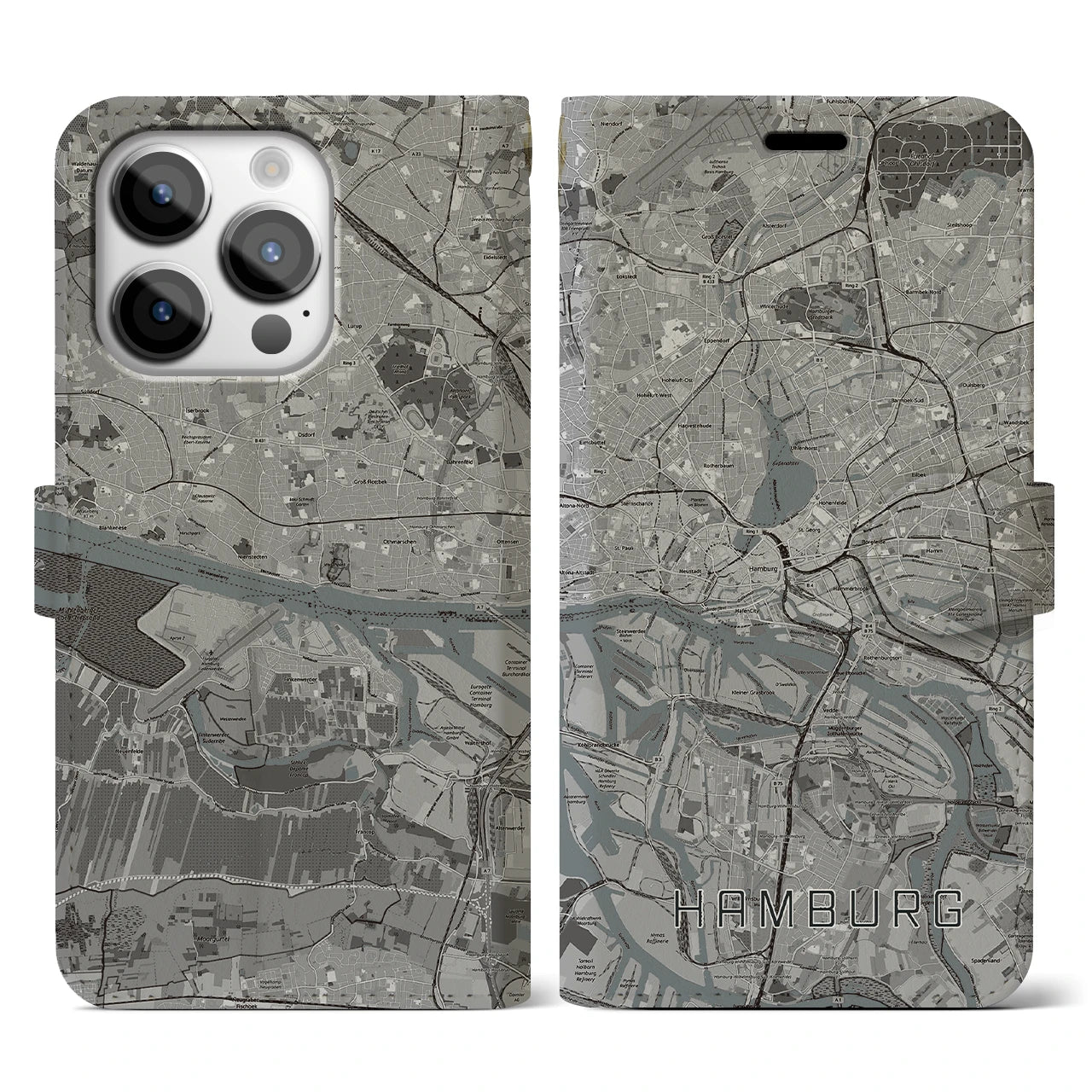 【ハンブルク(ドイツ)】地図柄iPhoneケース(手帳タイプ)モノトーン・iPhone 14 Pro 用