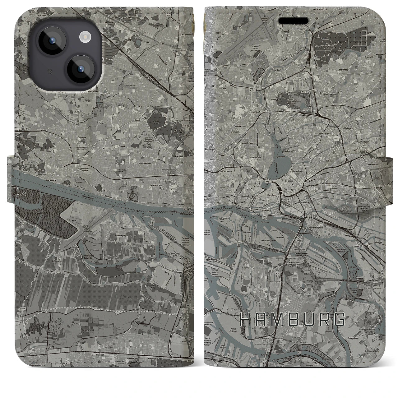 【ハンブルク(ドイツ)】地図柄iPhoneケース(手帳タイプ)モノトーン・iPhone 14 Plus 用