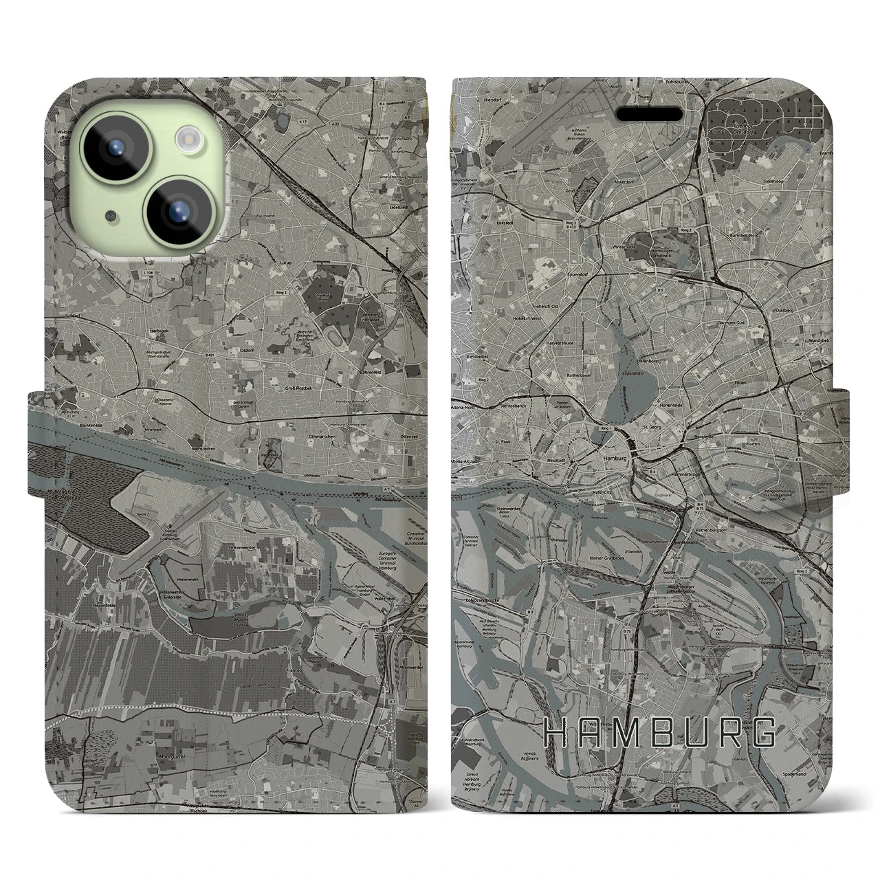 【ハンブルク(ドイツ)】地図柄iPhoneケース(手帳タイプ)モノトーン・iPhone 15 用