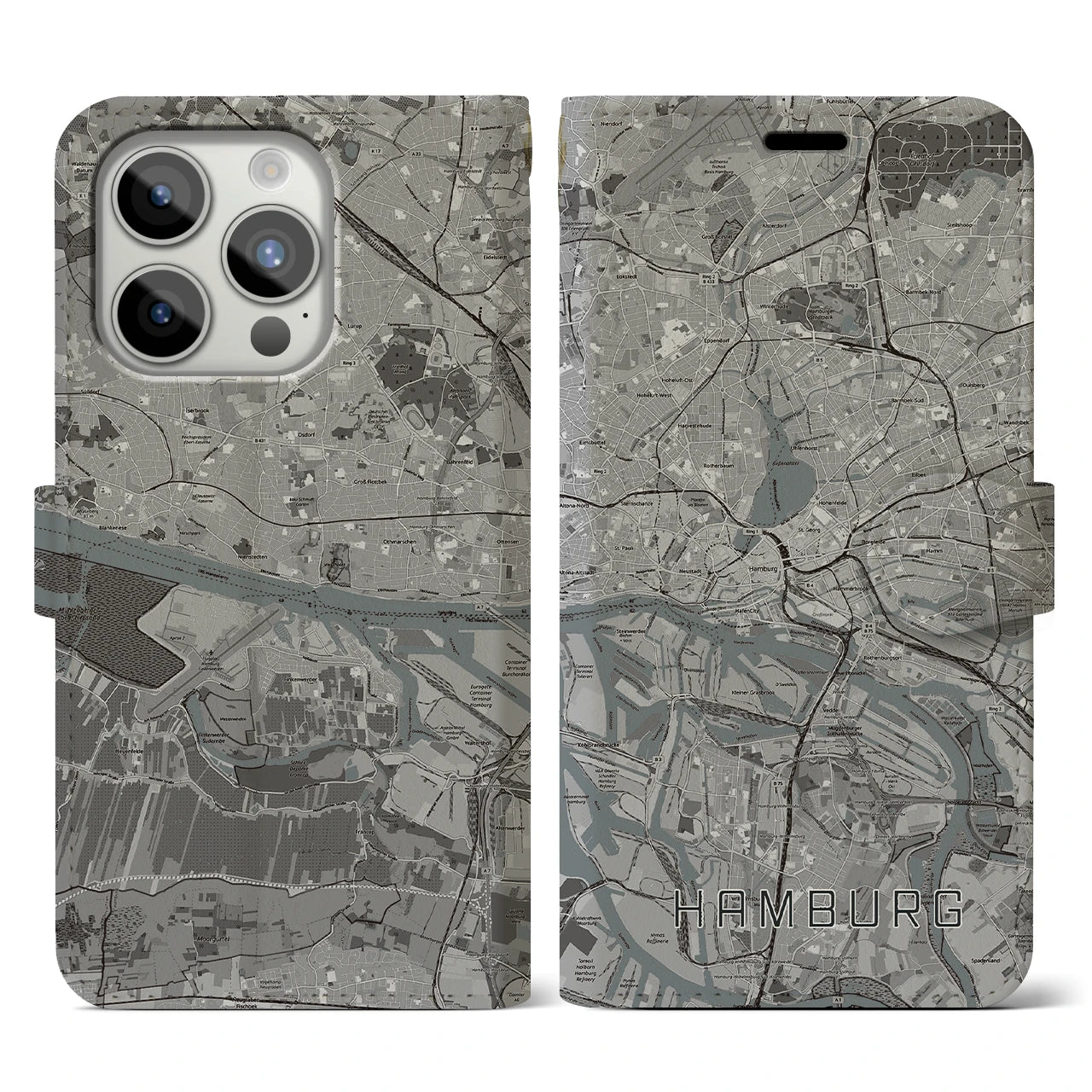 【ハンブルク(ドイツ)】地図柄iPhoneケース(手帳タイプ)モノトーン・iPhone 15 Pro 用