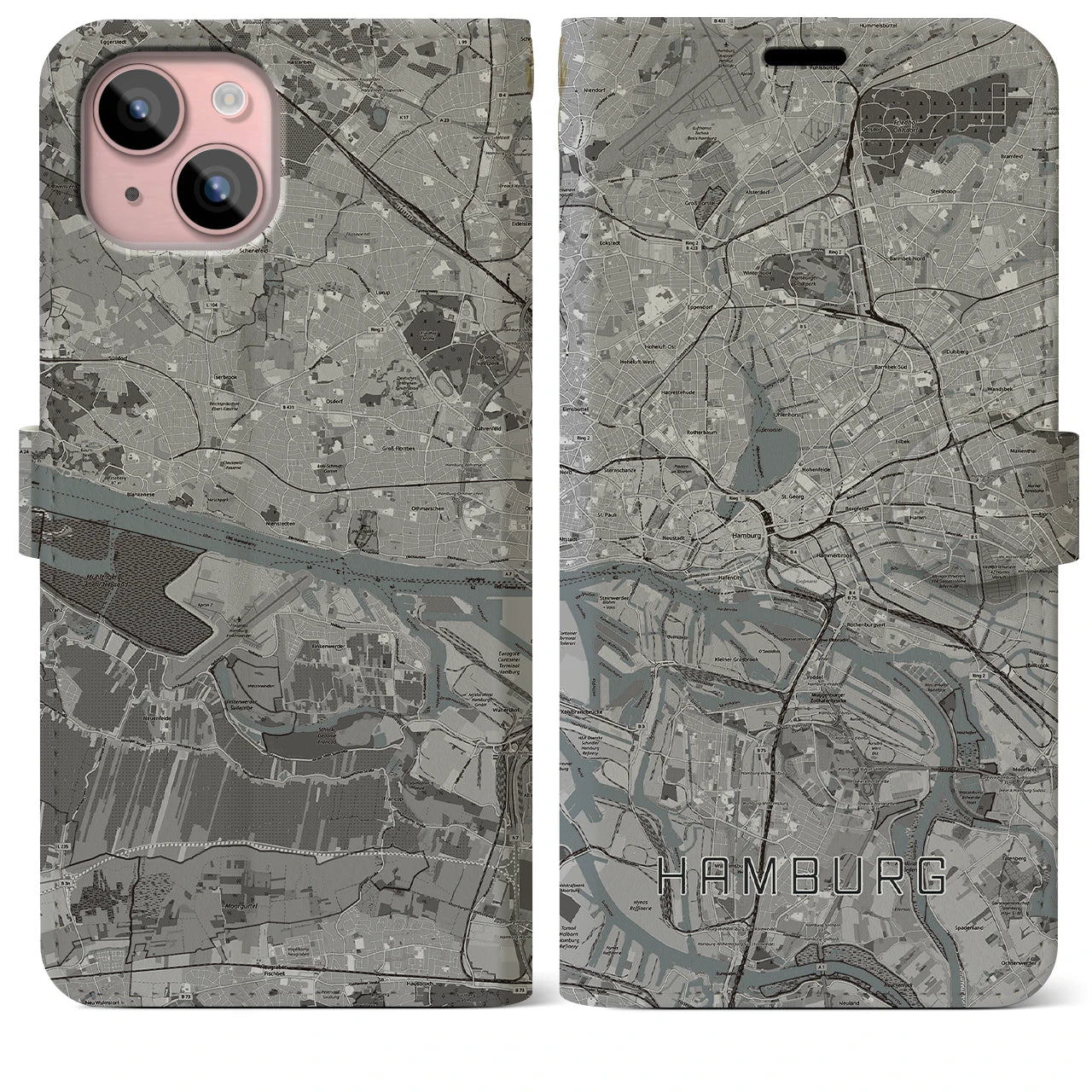 【ハンブルク(ドイツ)】地図柄iPhoneケース(手帳タイプ)モノトーン・iPhone 15 Plus 用