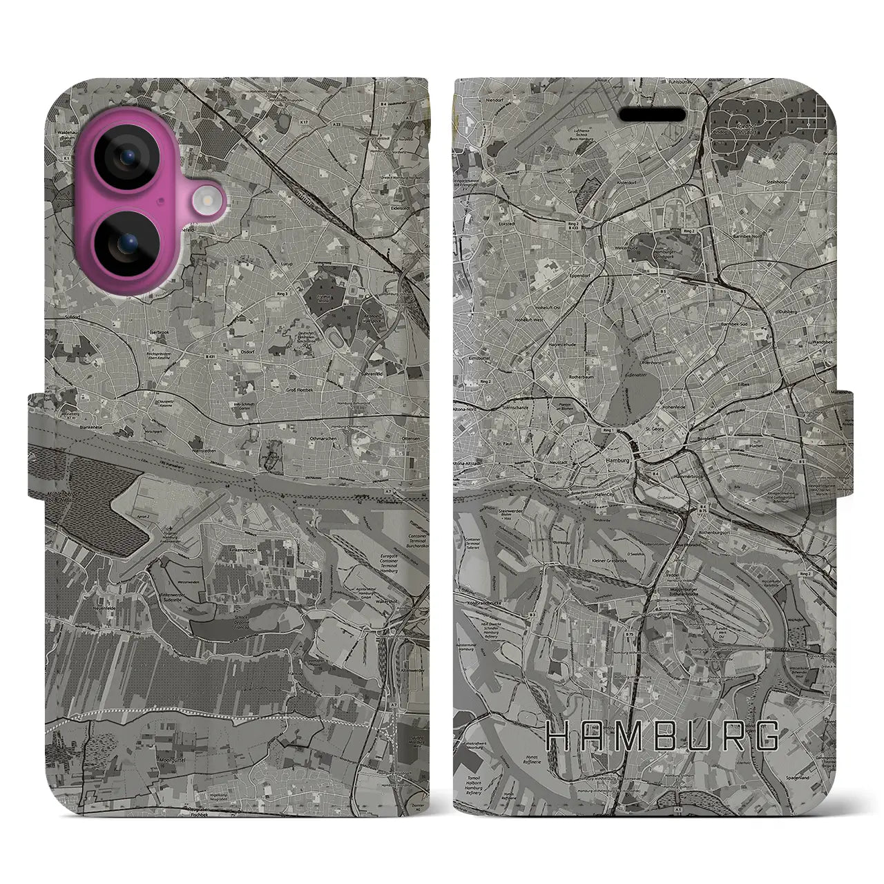 【ハンブルク(ドイツ)】地図柄iPhoneケース(手帳タイプ)モノトーン・iPhone 16 Pro 用