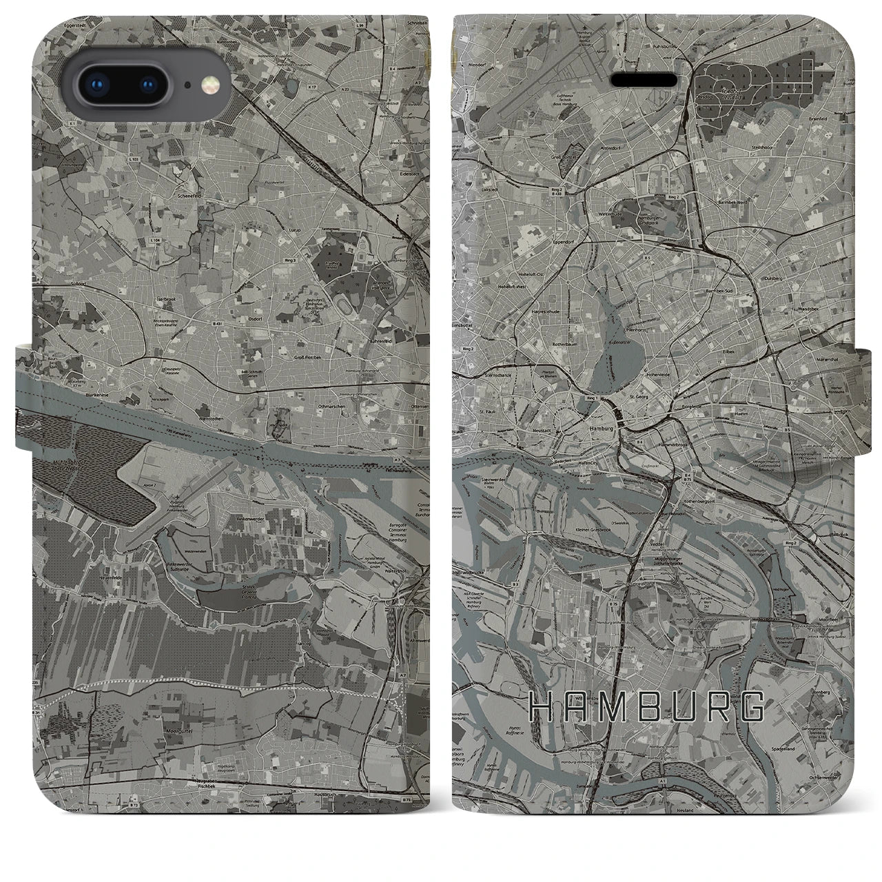 【ハンブルク(ドイツ)】地図柄iPhoneケース(手帳タイプ)モノトーン・iPhone 8Plus /7Plus / 6sPlus / 6Plus 用
