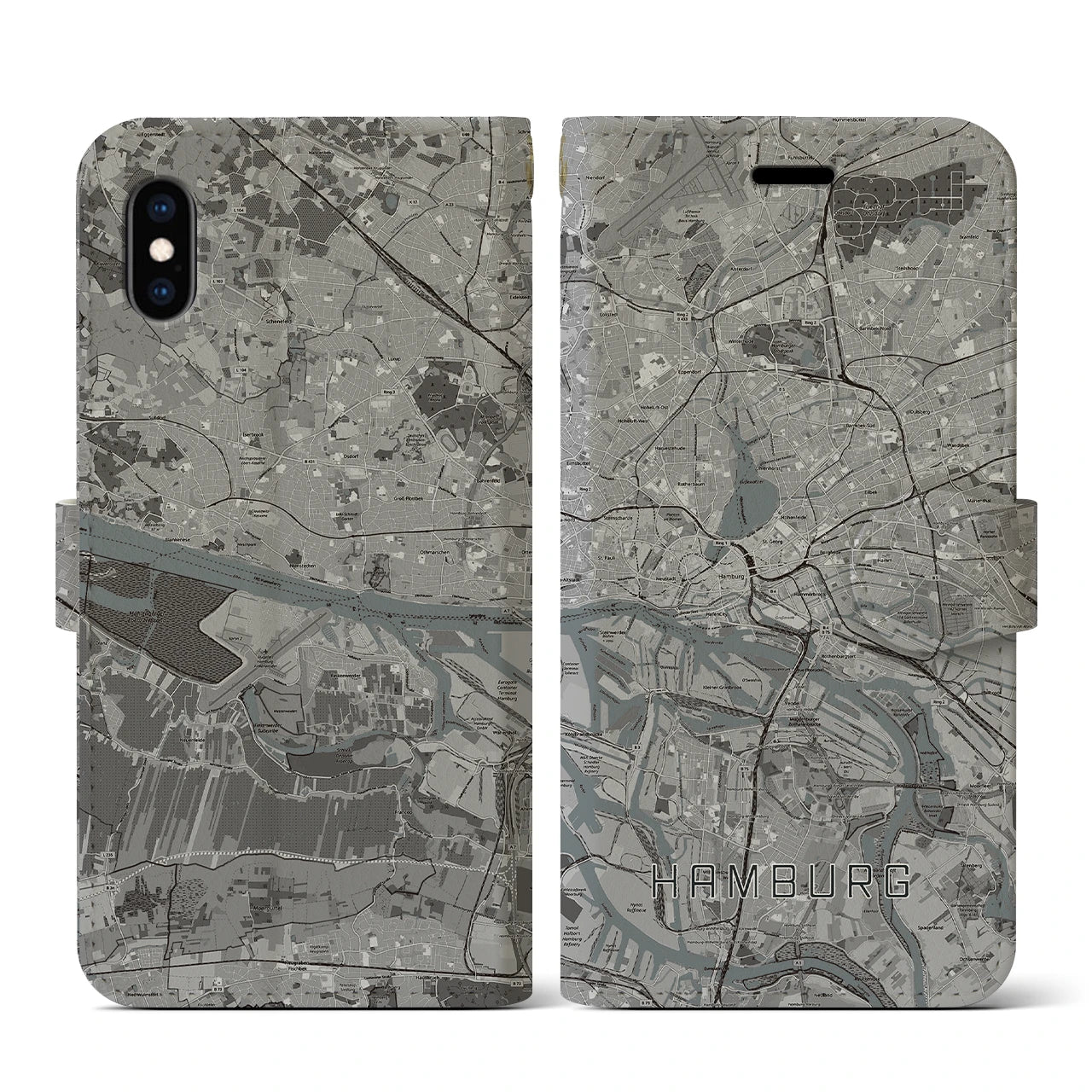 【ハンブルク(ドイツ)】地図柄iPhoneケース(手帳タイプ)モノトーン・iPhone XS / X 用