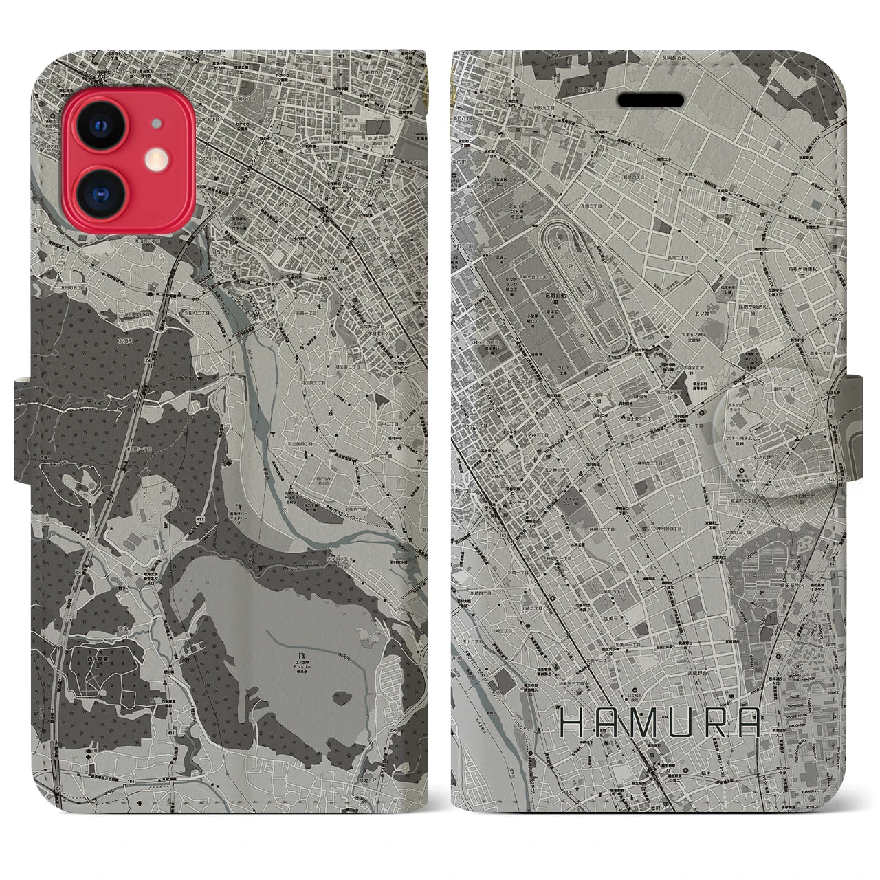【羽村(東京都)】地図柄iPhoneケース(手帳タイプ)モノトーン・iPhone 11 用