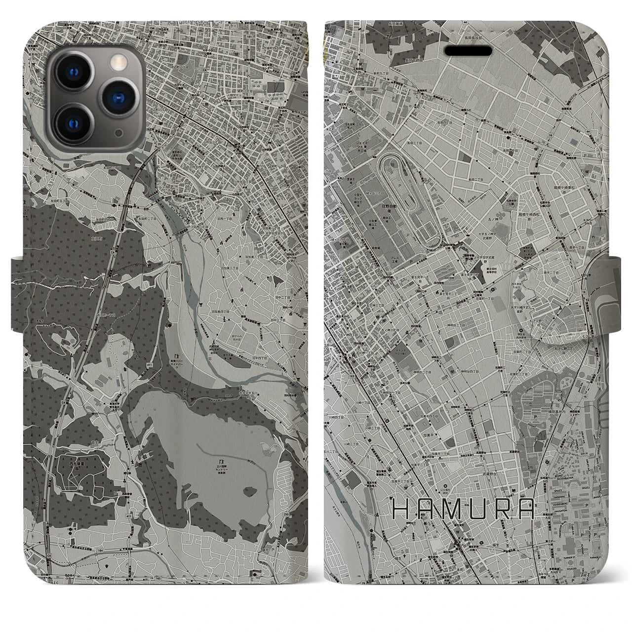 【羽村(東京都)】地図柄iPhoneケース(手帳タイプ)モノトーン・iPhone 11 Pro Max 用