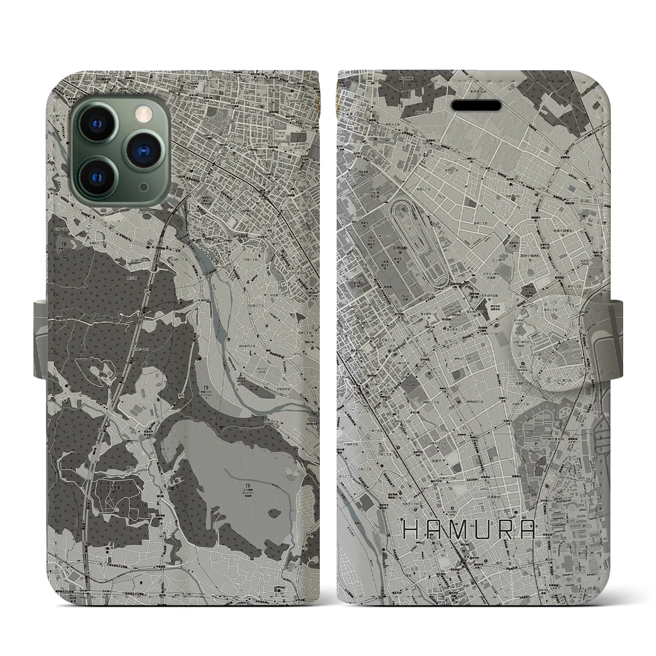 【羽村(東京都)】地図柄iPhoneケース(手帳タイプ)モノトーン・iPhone 11 Pro 用
