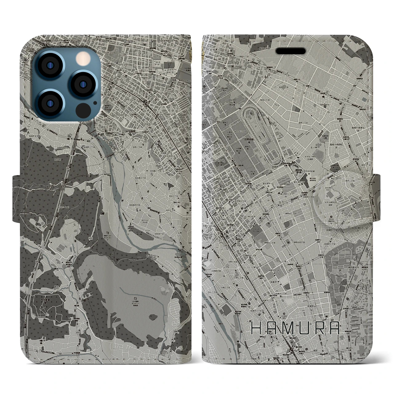 【羽村(東京都)】地図柄iPhoneケース(手帳タイプ)モノトーン・iPhone 12 / 12 Pro 用